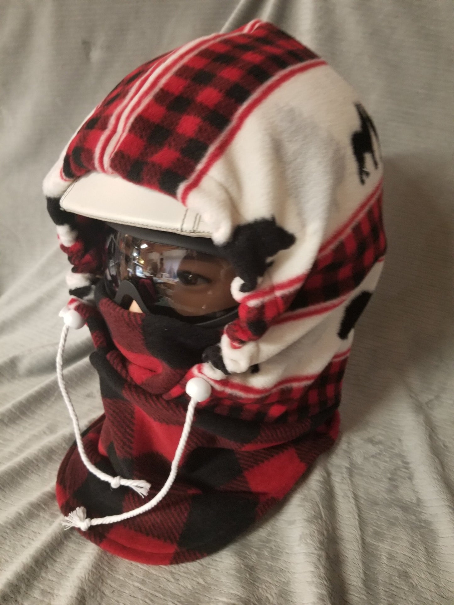 Bears and Wolves Wilderness Inspired Print Black and Red Plaid Extra Large Anti Pill Fleece Ski Helmet Cover