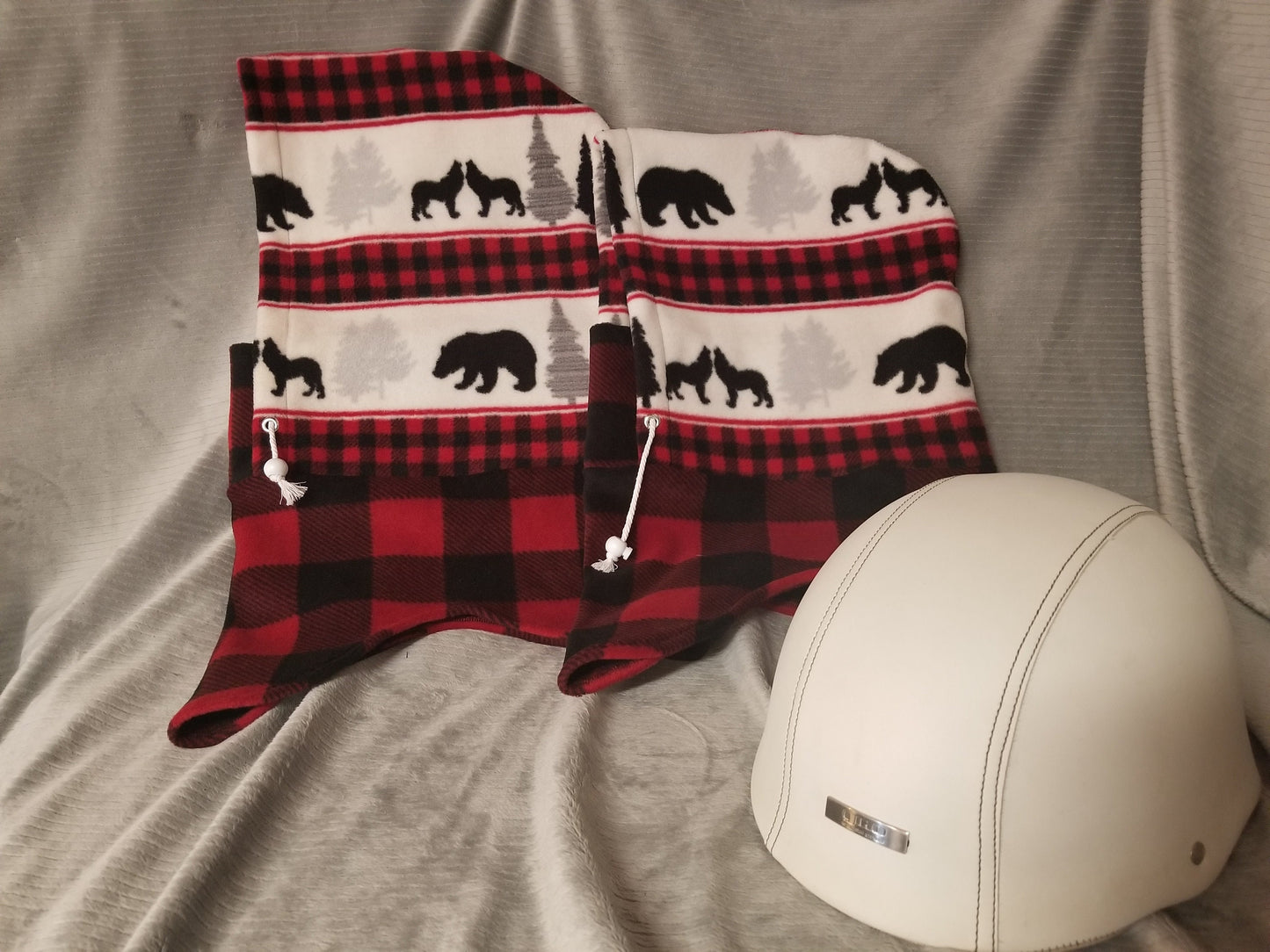 Bears and Wolves Wilderness Inspired Print Black and Red Plaid Extra Large Anti Pill Fleece Ski Helmet Cover
