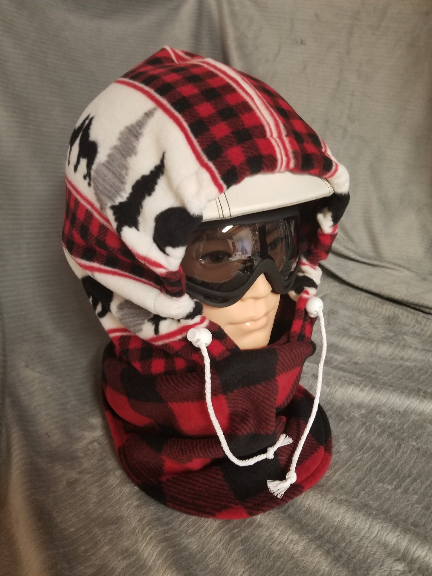 Bears and Wolves Wilderness Inspired Print Black and Red Plaid Extra Large Anti Pill Fleece Ski Helmet Cover