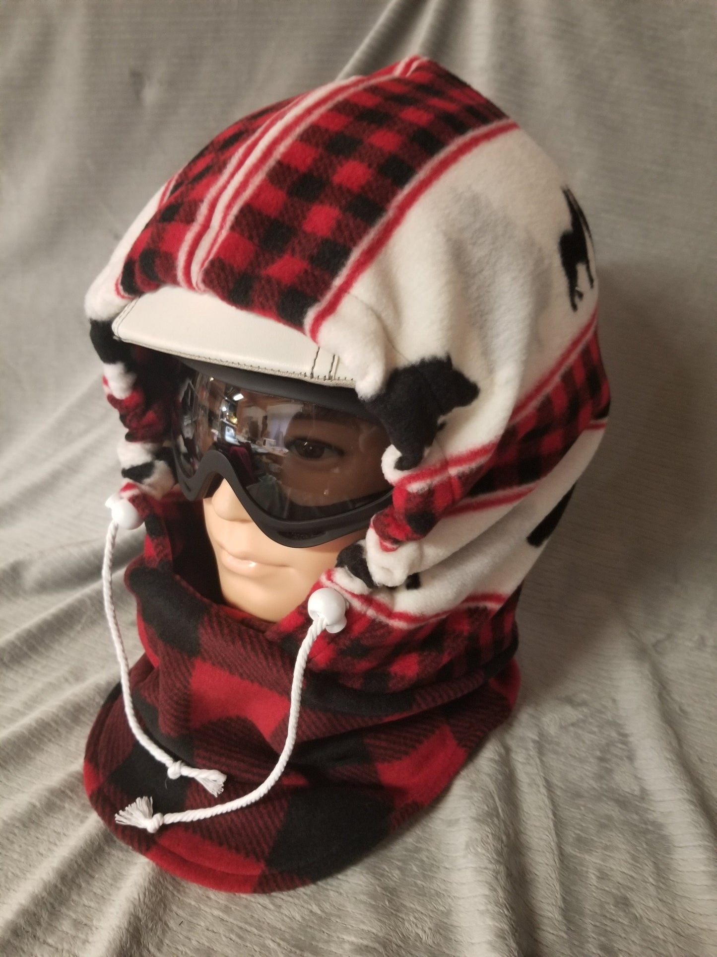 Bears and Wolves Wilderness Inspired Print Black and Red Plaid Extra Large Anti Pill Fleece Ski Helmet Cover