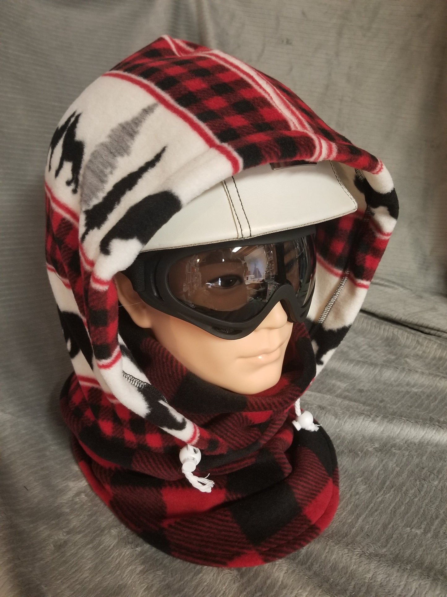 Bears and Wolves Wilderness Inspired Print Black and Red Plaid Extra Large Anti Pill Fleece Ski Helmet Cover