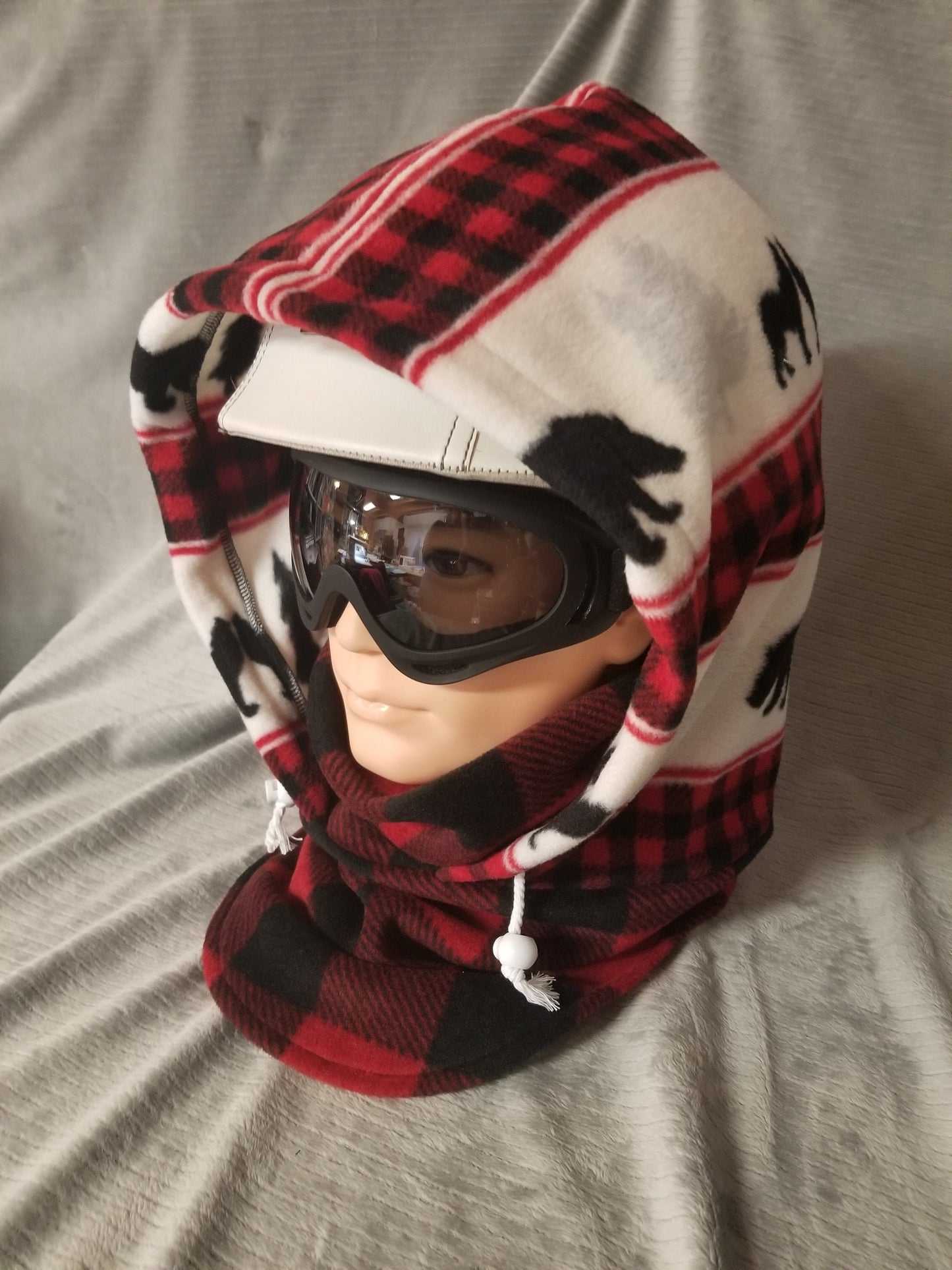 Bears and Wolves Wilderness Inspired Print Black and Red Plaid Extra Large Anti Pill Fleece Ski Helmet Cover