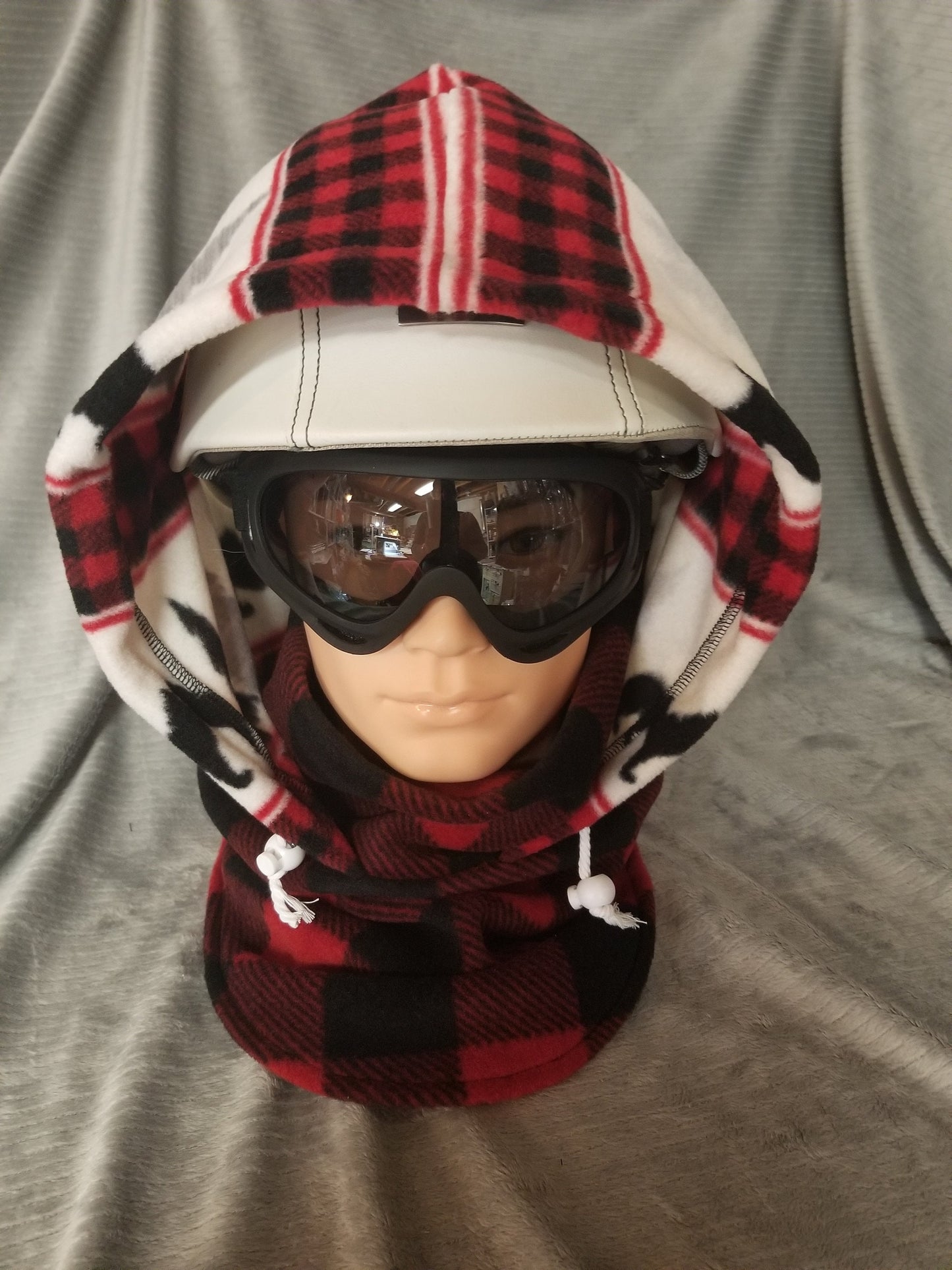 Bears and Wolves Wilderness Inspired Print Black and Red Plaid Extra Large Anti Pill Fleece Ski Helmet Cover