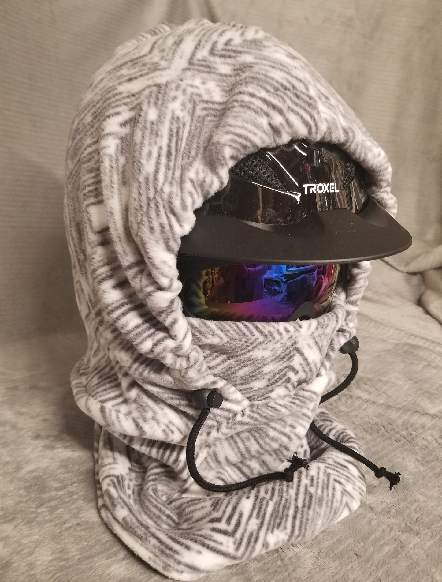 Soft Grey and White Destressed Geo Print Large Anti Pill Fleece Ski Helmet Cover