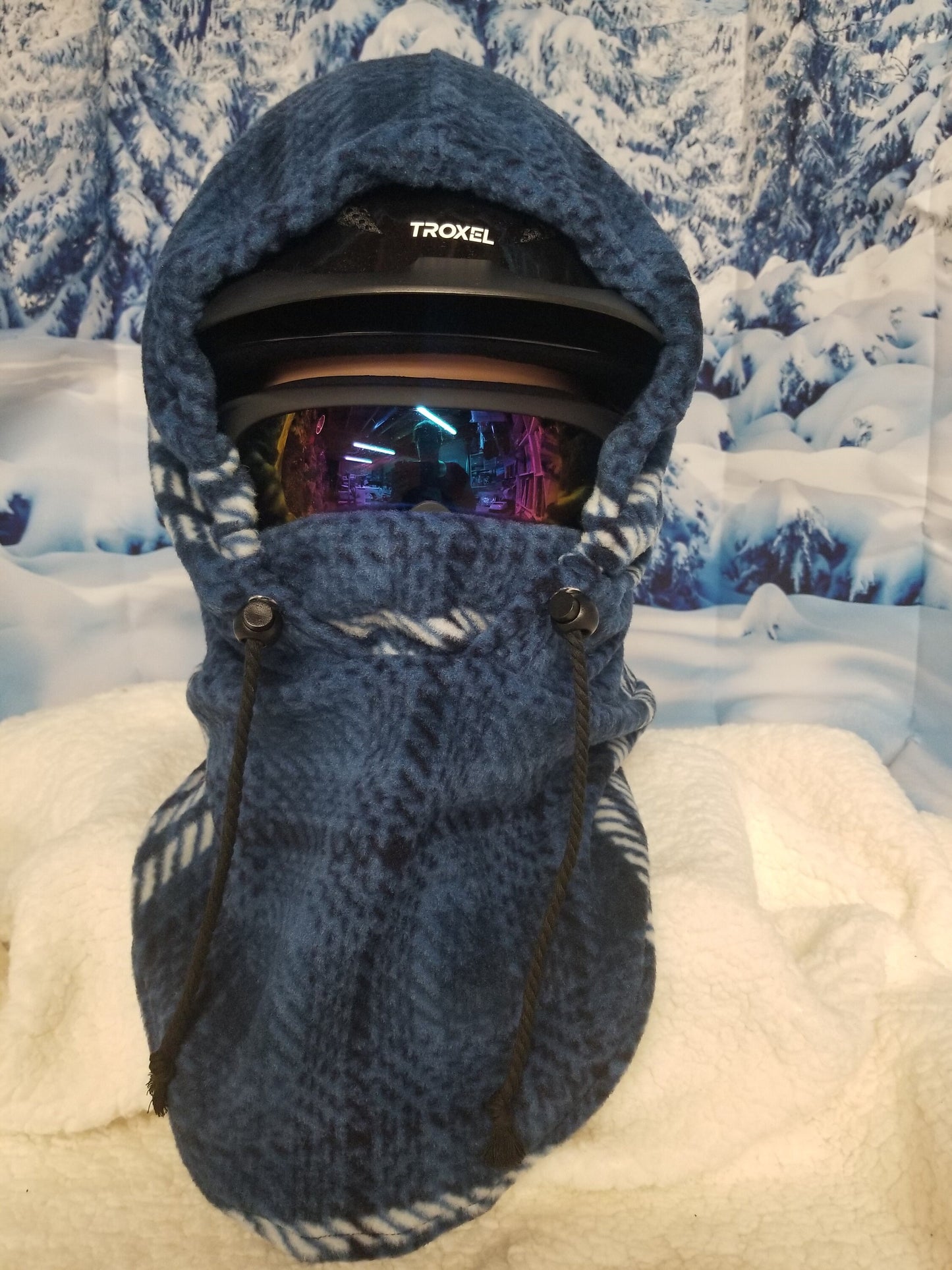 Blue Plaid Print Anti Pill Fleece Large Ski Helmet Cover
