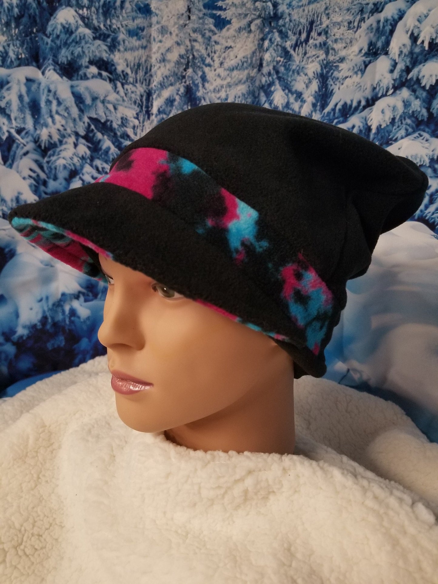 Black Fleece with Paint Splatter Print Band Anti Pill Fleece Newsboy Hat