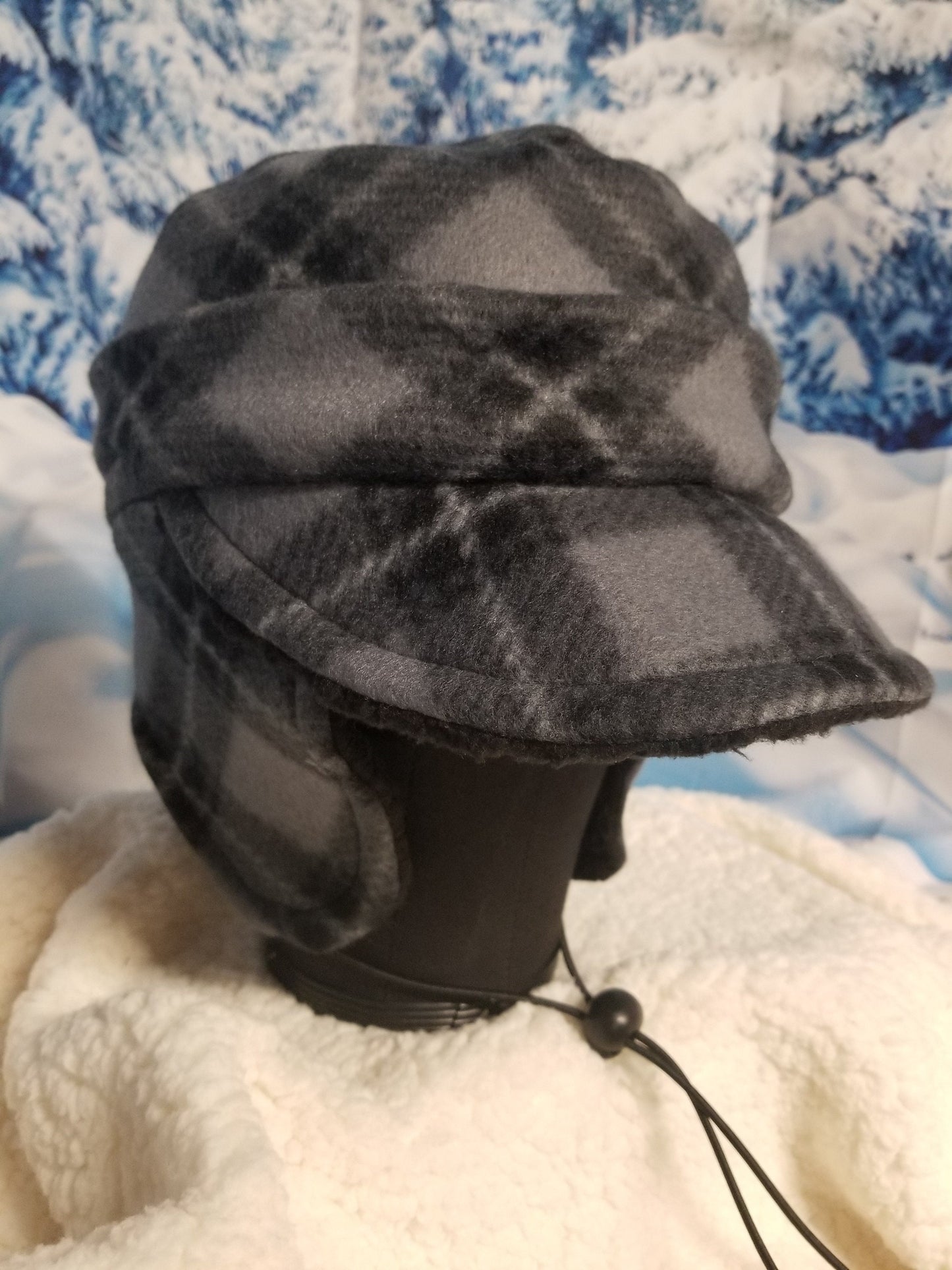 Gray Plaid Print Fleece Aviator Hat with Visor