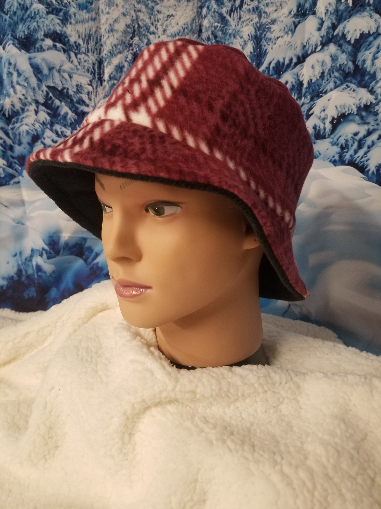 Berry and White Plaid Print Winter Bucket Hat