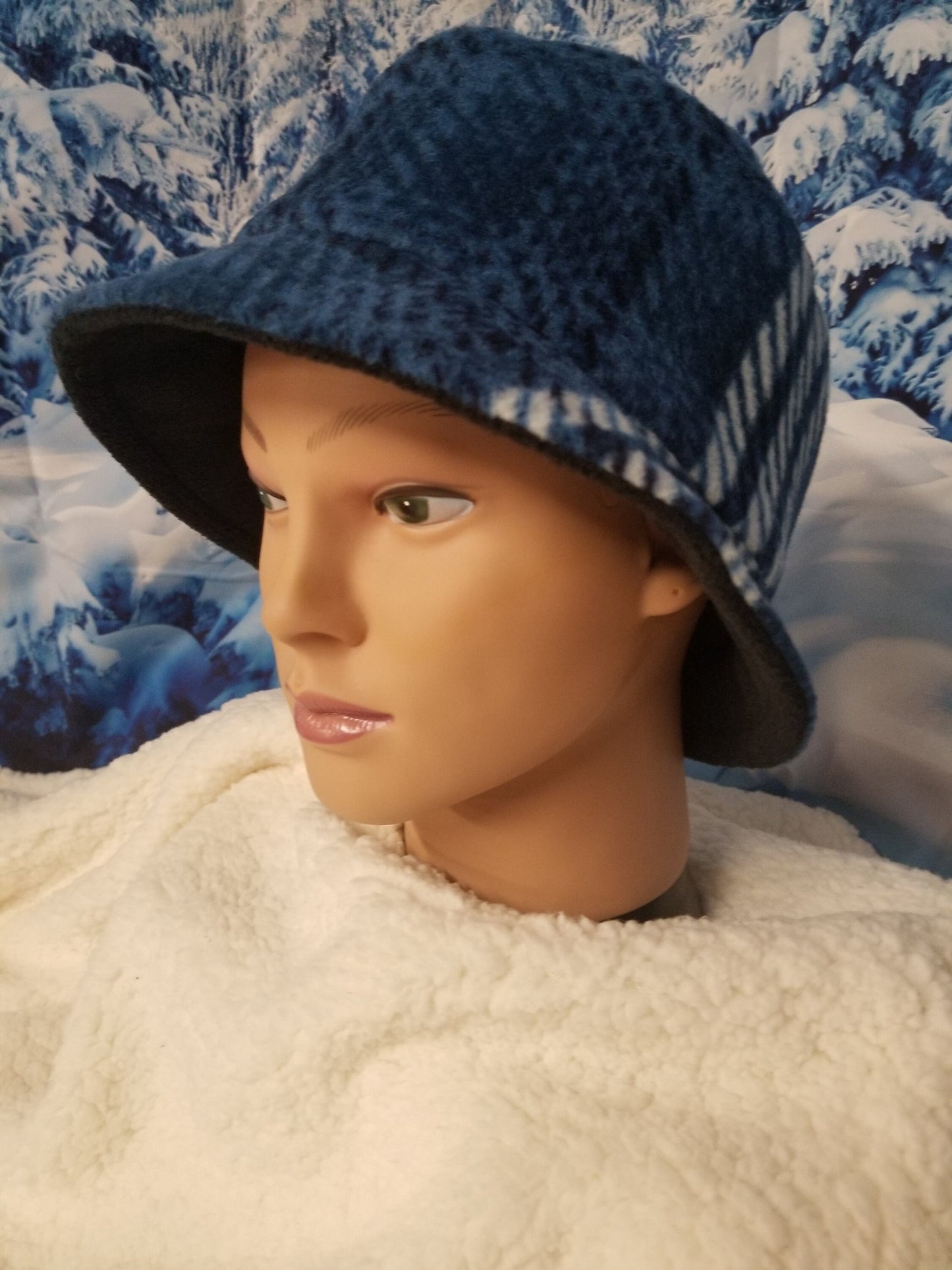 Blue and Black Plaid Print Winter Bucket Hat