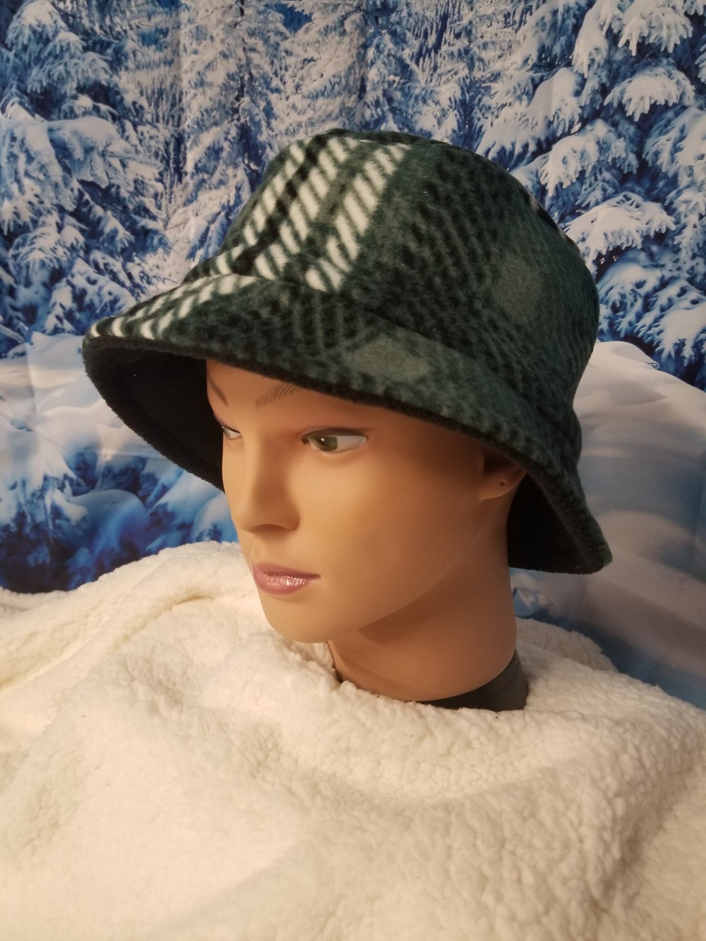 Green and Black Plaid Print Winter Bucket Hat