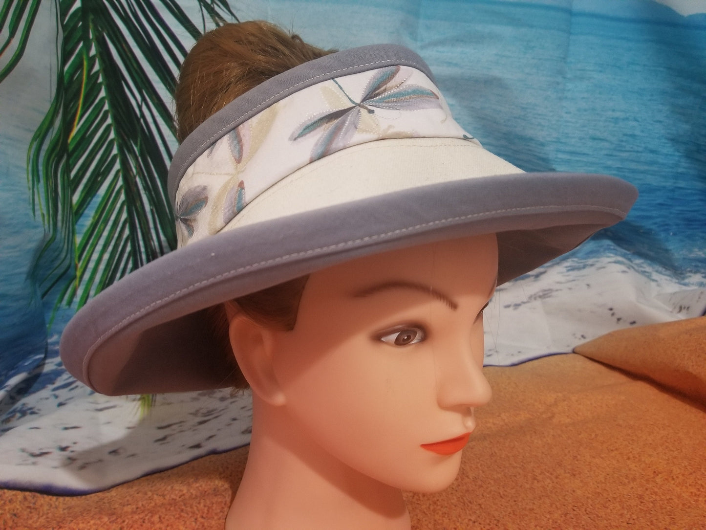 Cream Dragonfly Print with Light Grey Accent Open Top Sun Visor and Vacation Clutch