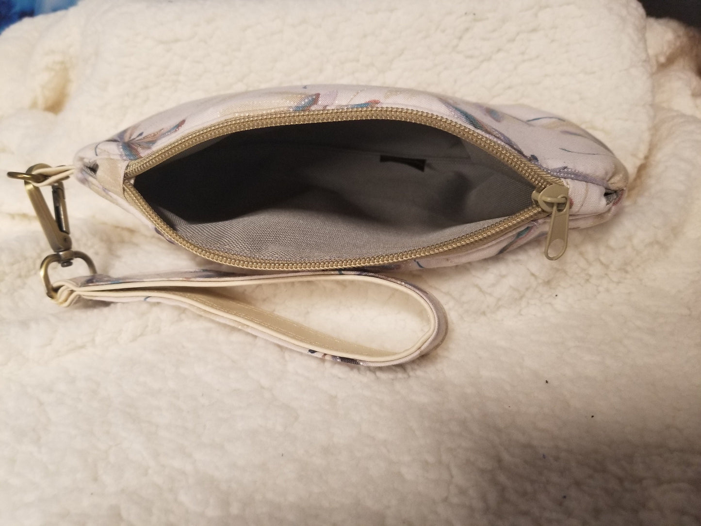 Cream Dragonfly Print with Light Grey Accent Open Top Sun Visor and Vacation Clutch