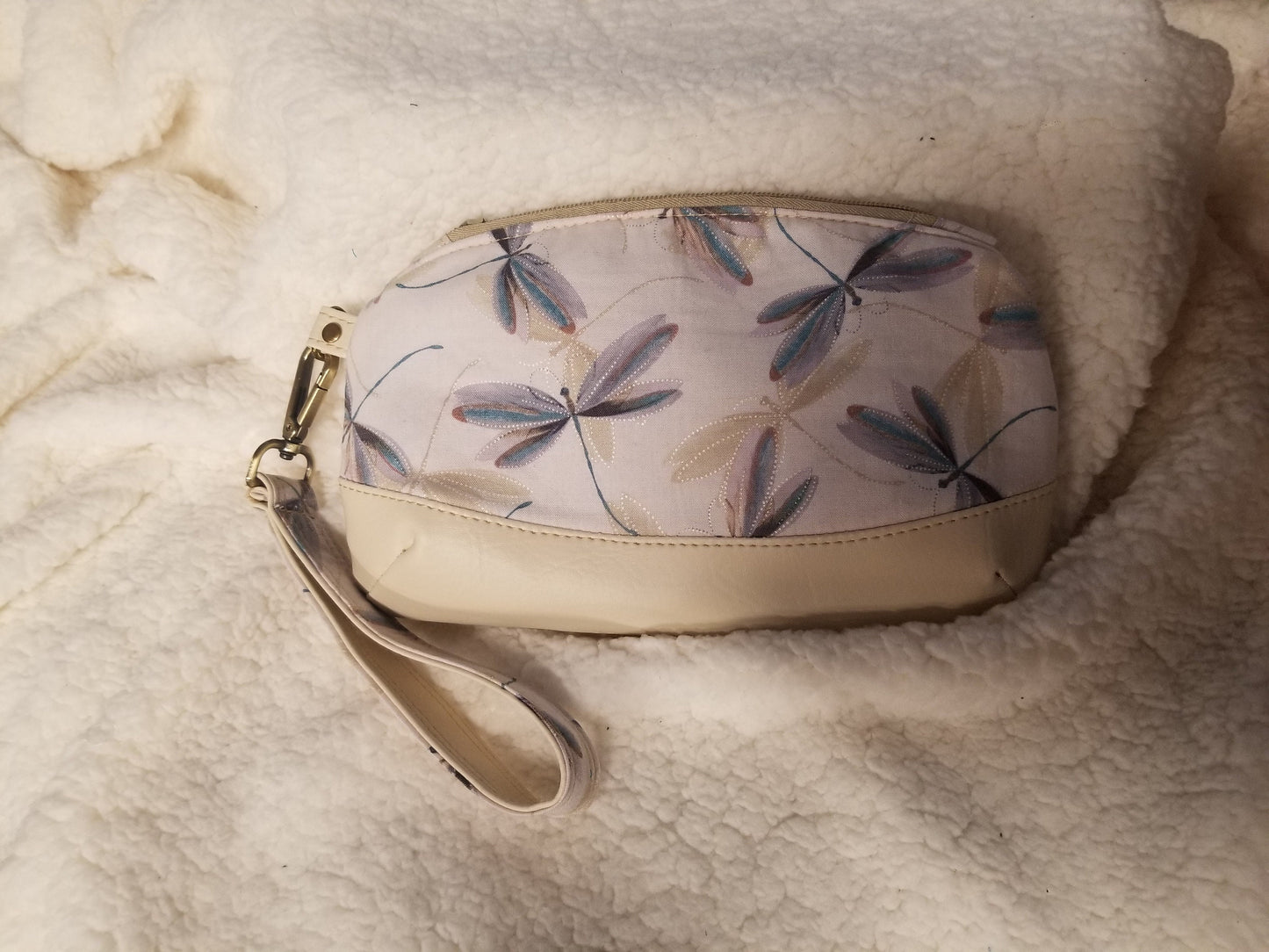 Cream Dragonfly Print with Light Grey Accent Open Top Sun Visor and Vacation Clutch