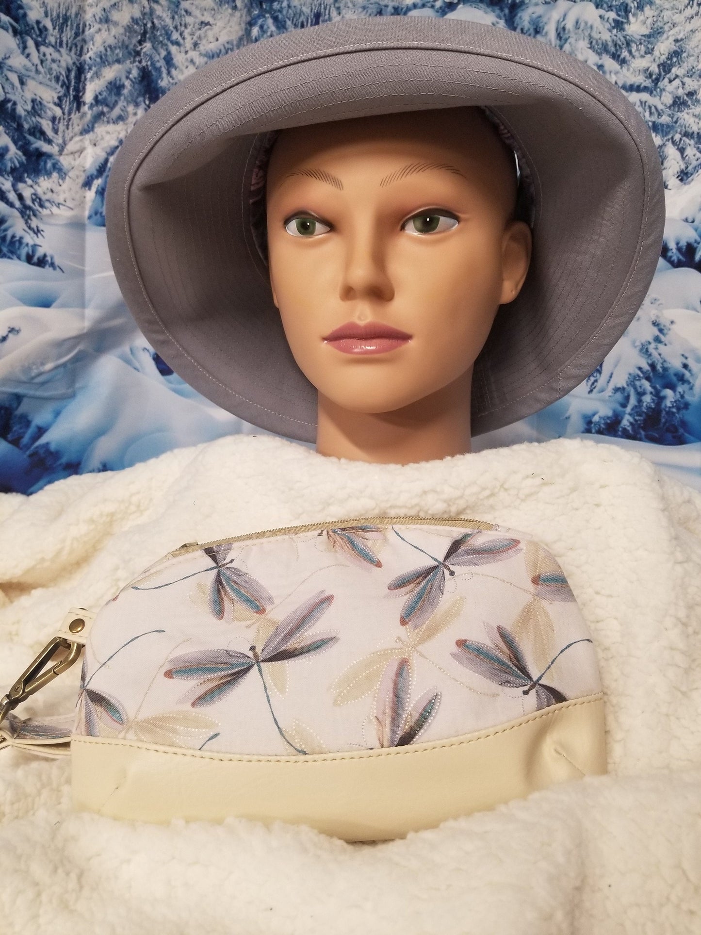Cream Dragonfly Print with Light Grey Accent Open Top Sun Visor and Vacation Clutch