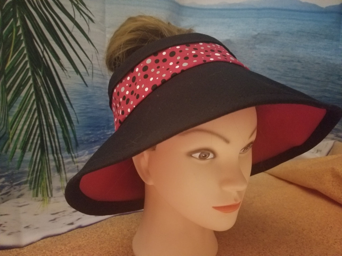 Black Dots on Red Background Reversible Open Sun Visor and Vacation Clutch