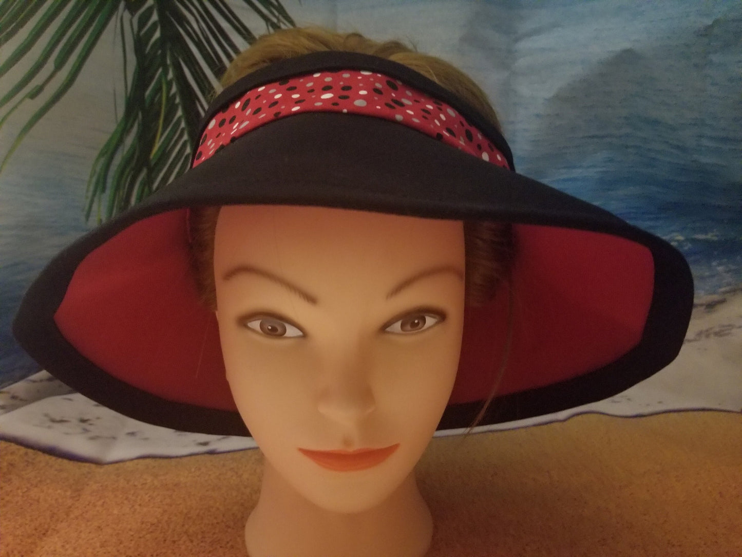 Black Dots on Red Background Reversible Open Sun Visor and Vacation Clutch