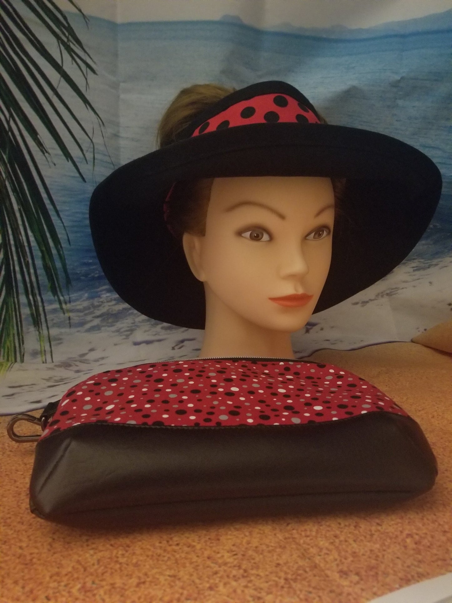 Black Dots on Red Background Reversible Open Sun Visor and Vacation Clutch