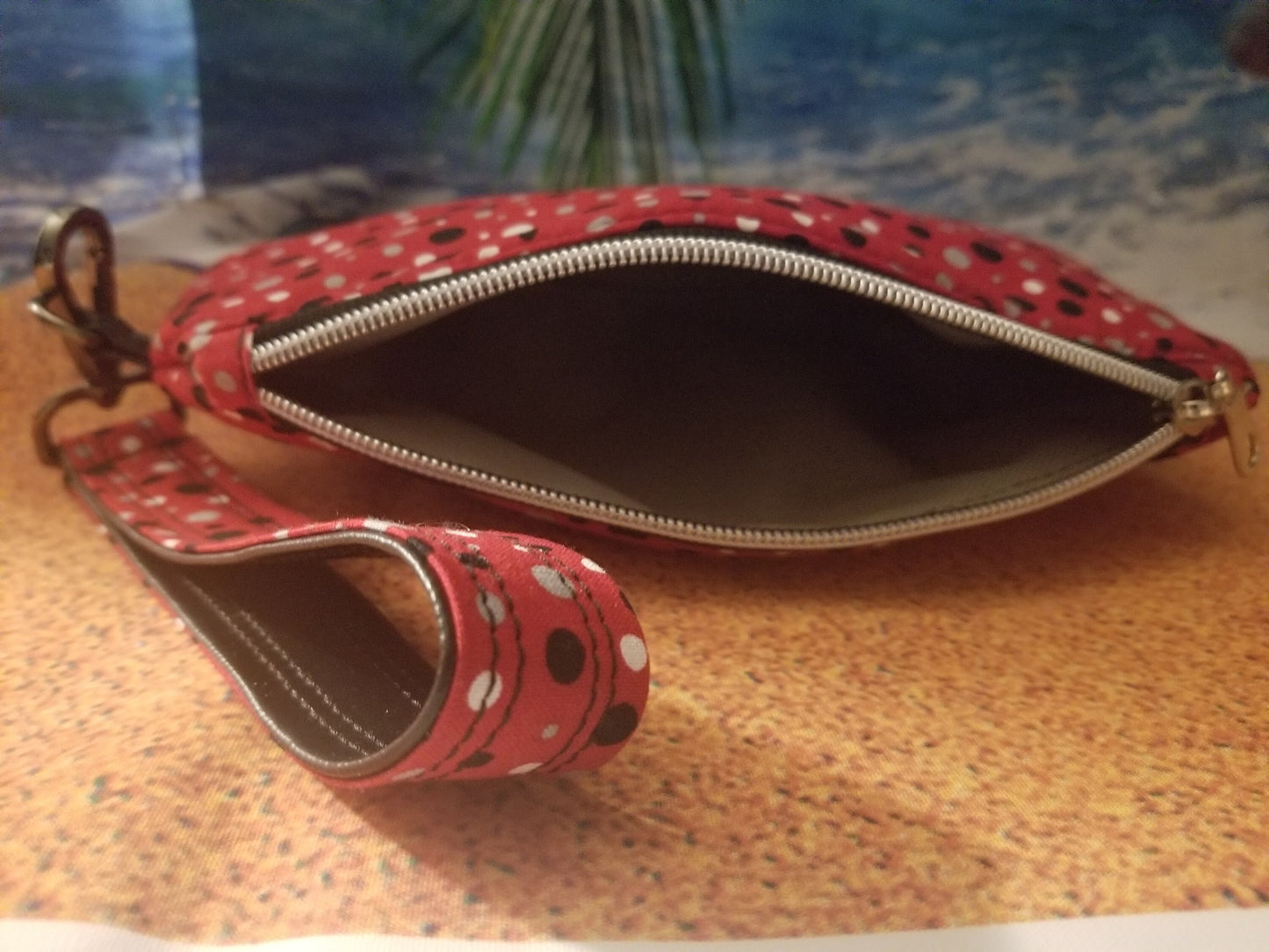 Black Dots on Red Background Reversible Open Sun Visor and Vacation Clutch
