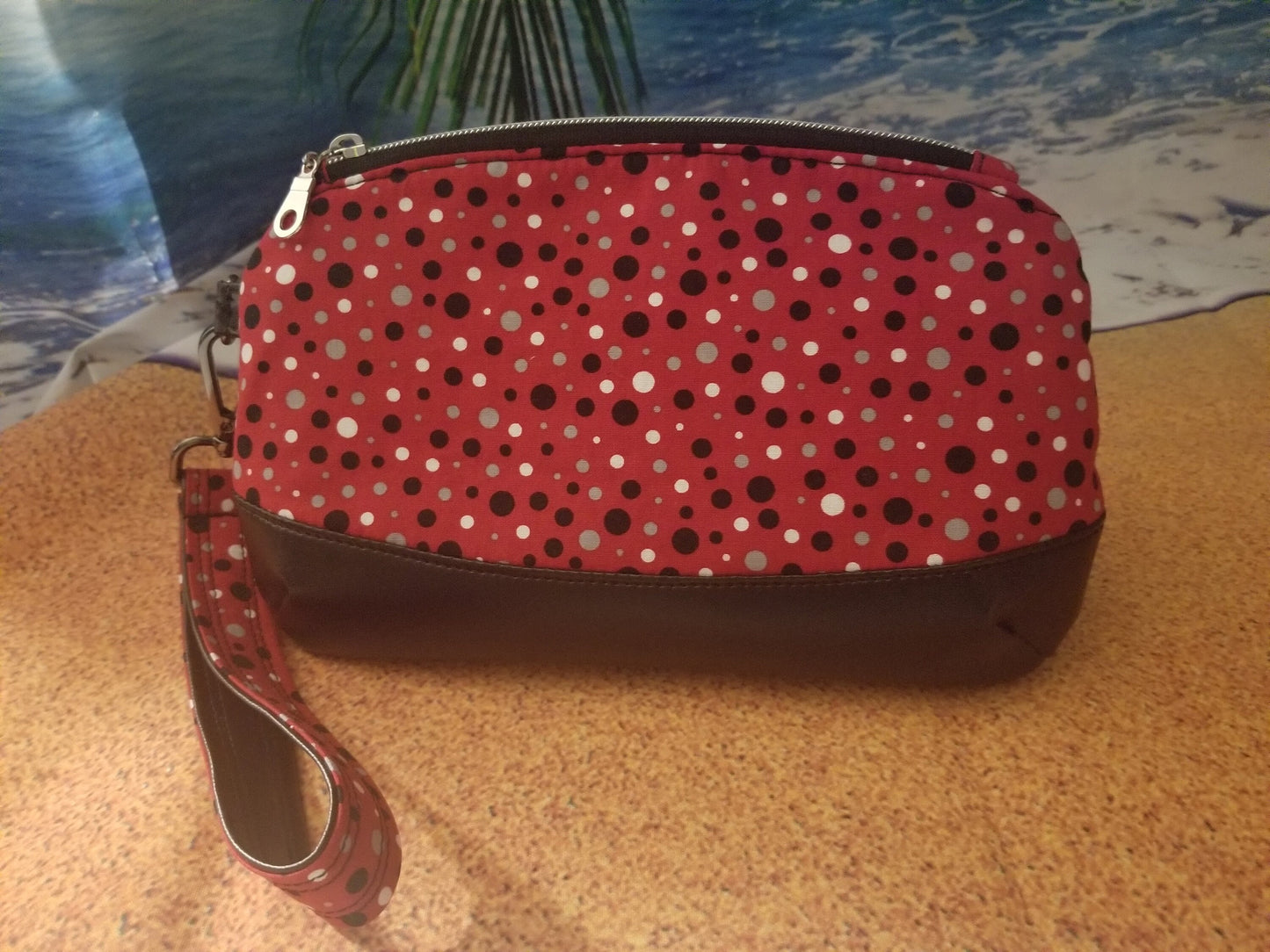 Black Dots on Red Background Reversible Open Sun Visor and Vacation Clutch