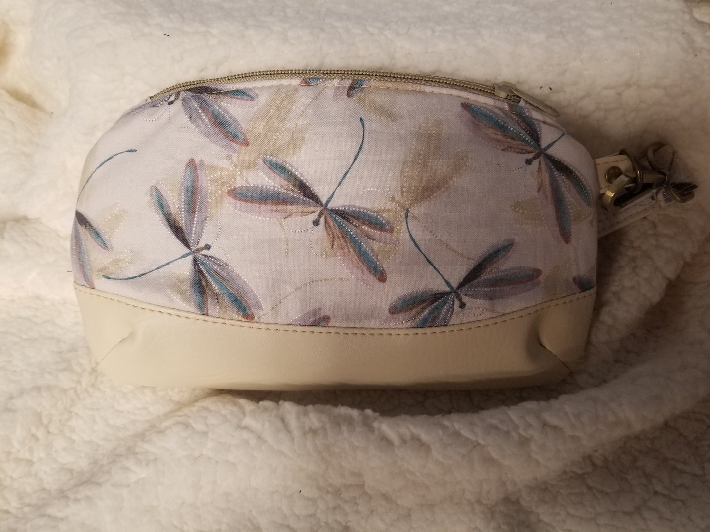 Cream Dragonfly Print with Light Grey Accent Open Top Sun Visor and Vacation Clutch