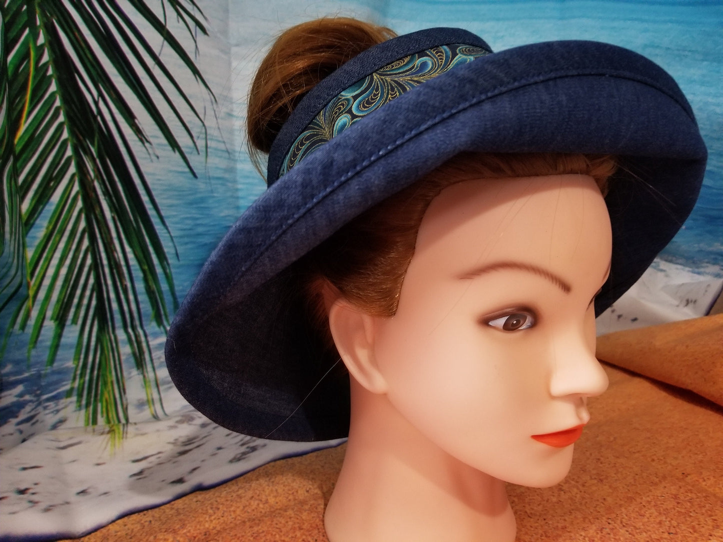 Blue and Gold Peacock Feather Print Reversible Open Sun Visor and Matching Vacation Clutch
