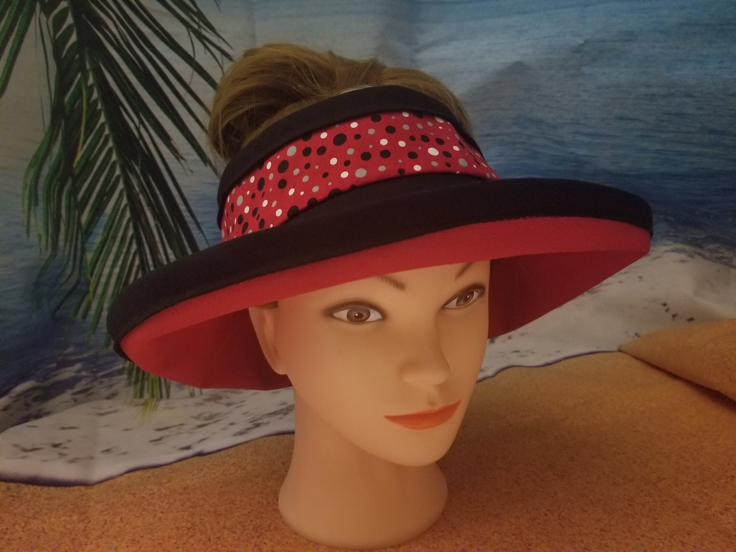 Black Dots on Red Background Reversible Open Sun Visor and Vacation Clutch