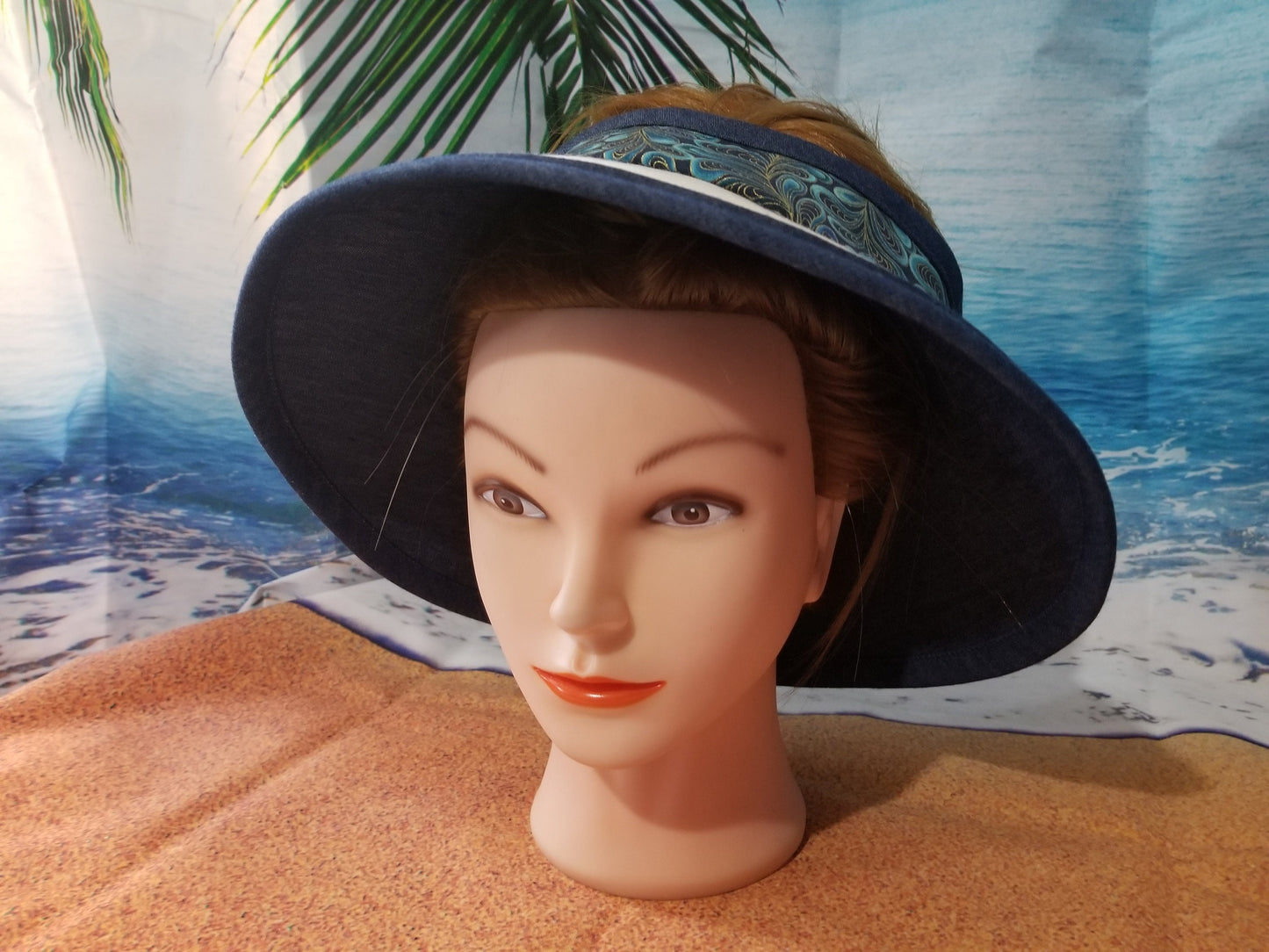 Blue and Gold Peacock Feather Print Reversible Open Sun Visor and Matching Vacation Clutch