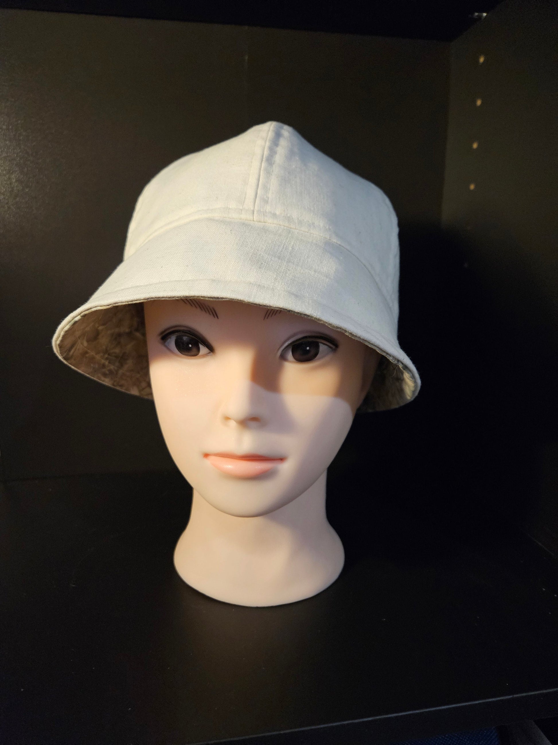 Linen Fashion Cloche with Cream Linen and Cream/Green Batik Lining Reversible Summer Hat