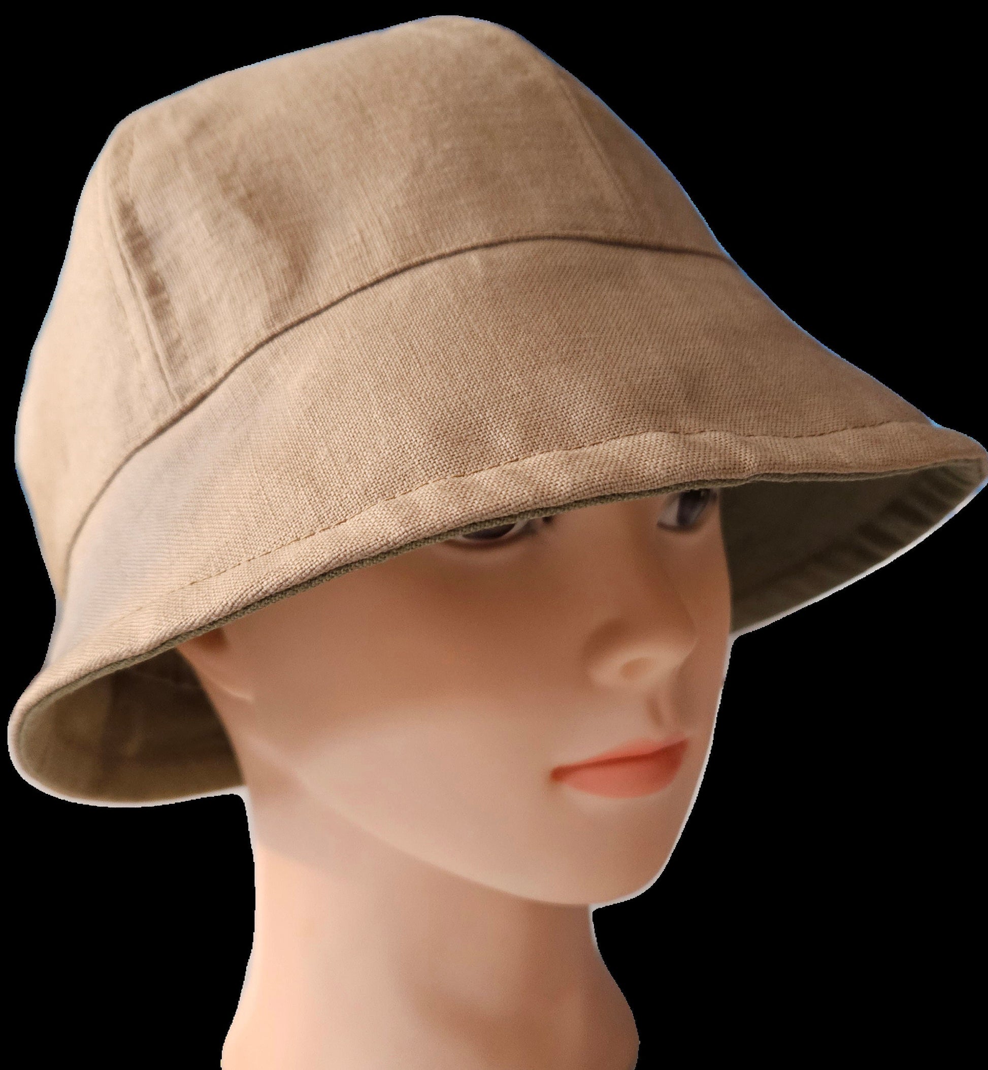 Linen Fashion Cloche with Tan Linen and Olive Green Linen Reversible Summer Hat