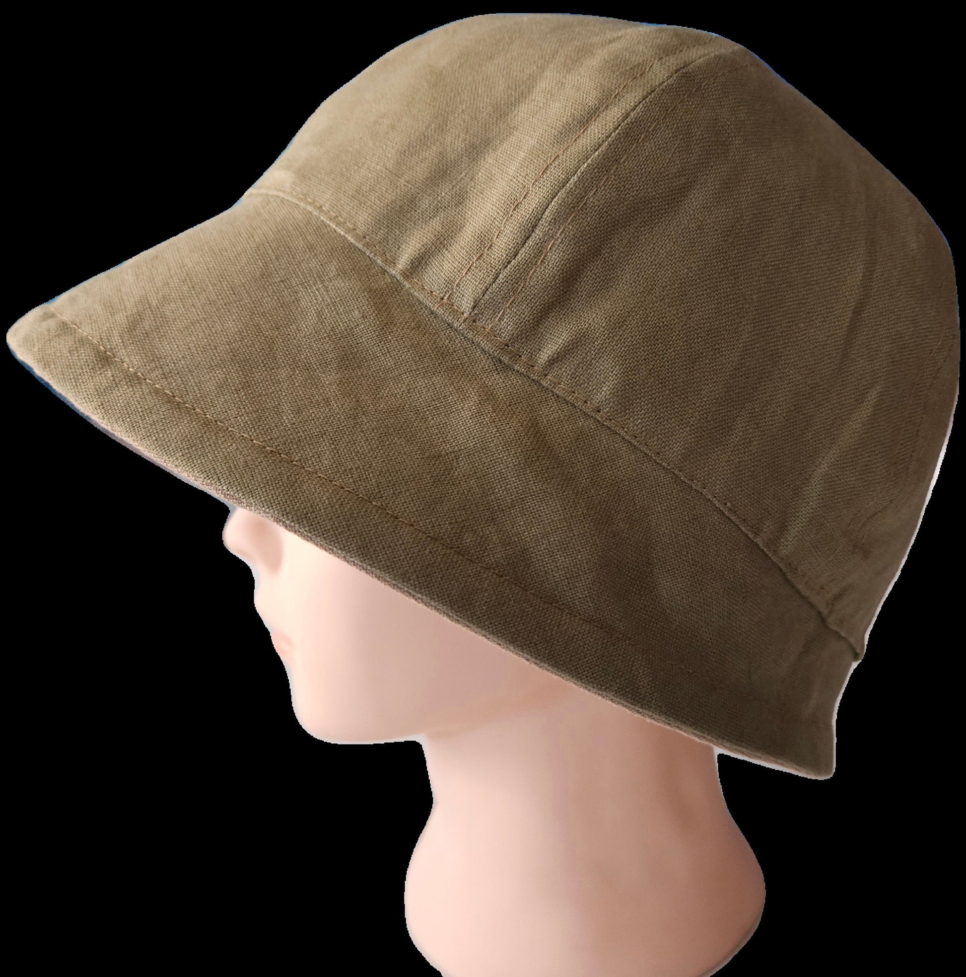 Linen Fashion Cloche with Tan Linen and Olive Green Linen Reversible Summer Hat
