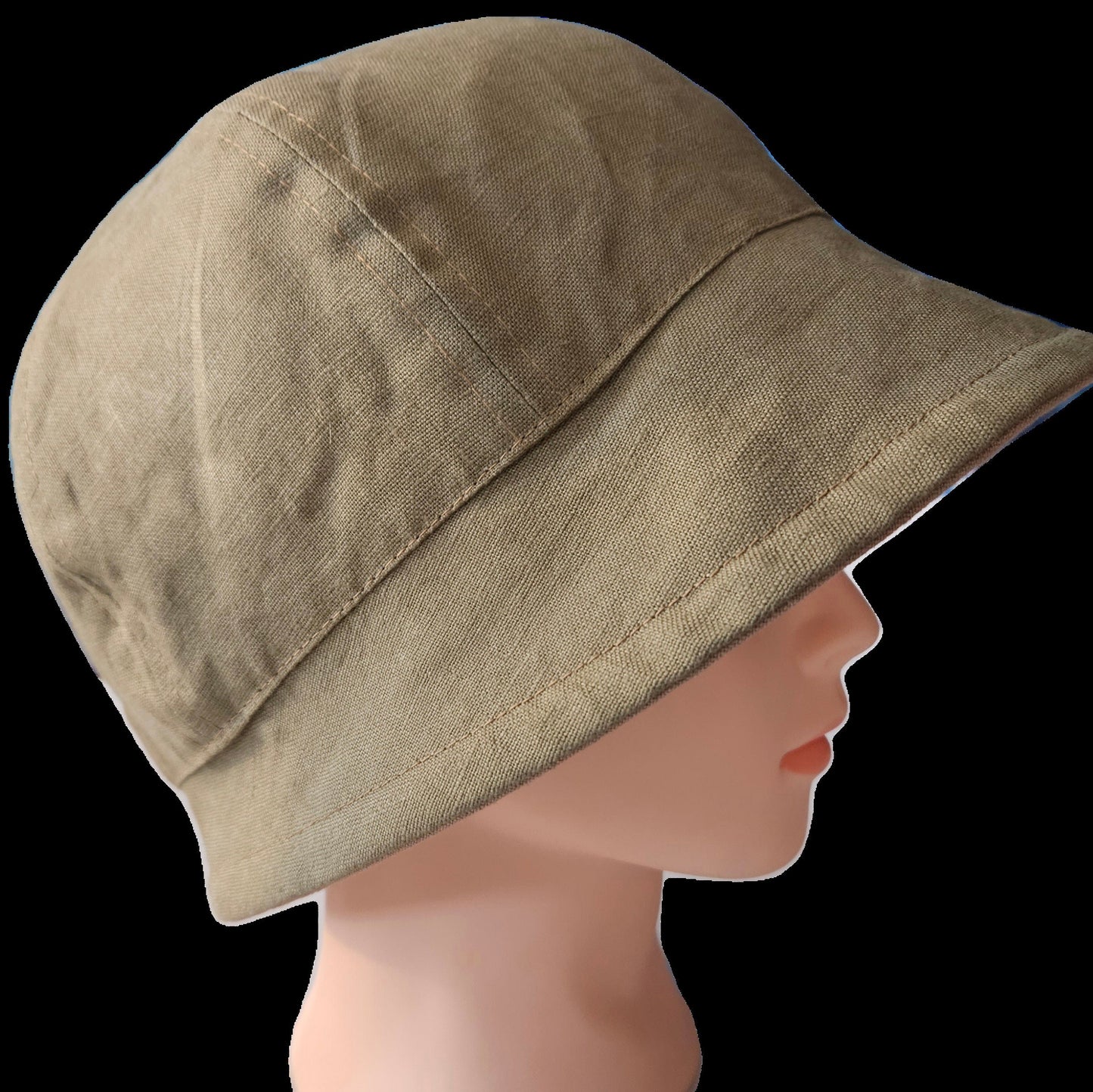 Linen Fashion Cloche with Tan Linen and Olive Green Linen Reversible Summer Hat