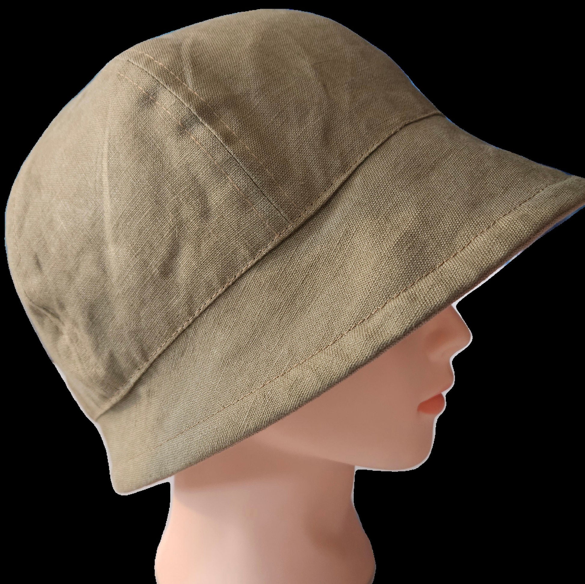 Linen Fashion Cloche with Tan Linen and Olive Green Linen Reversible Summer Hat