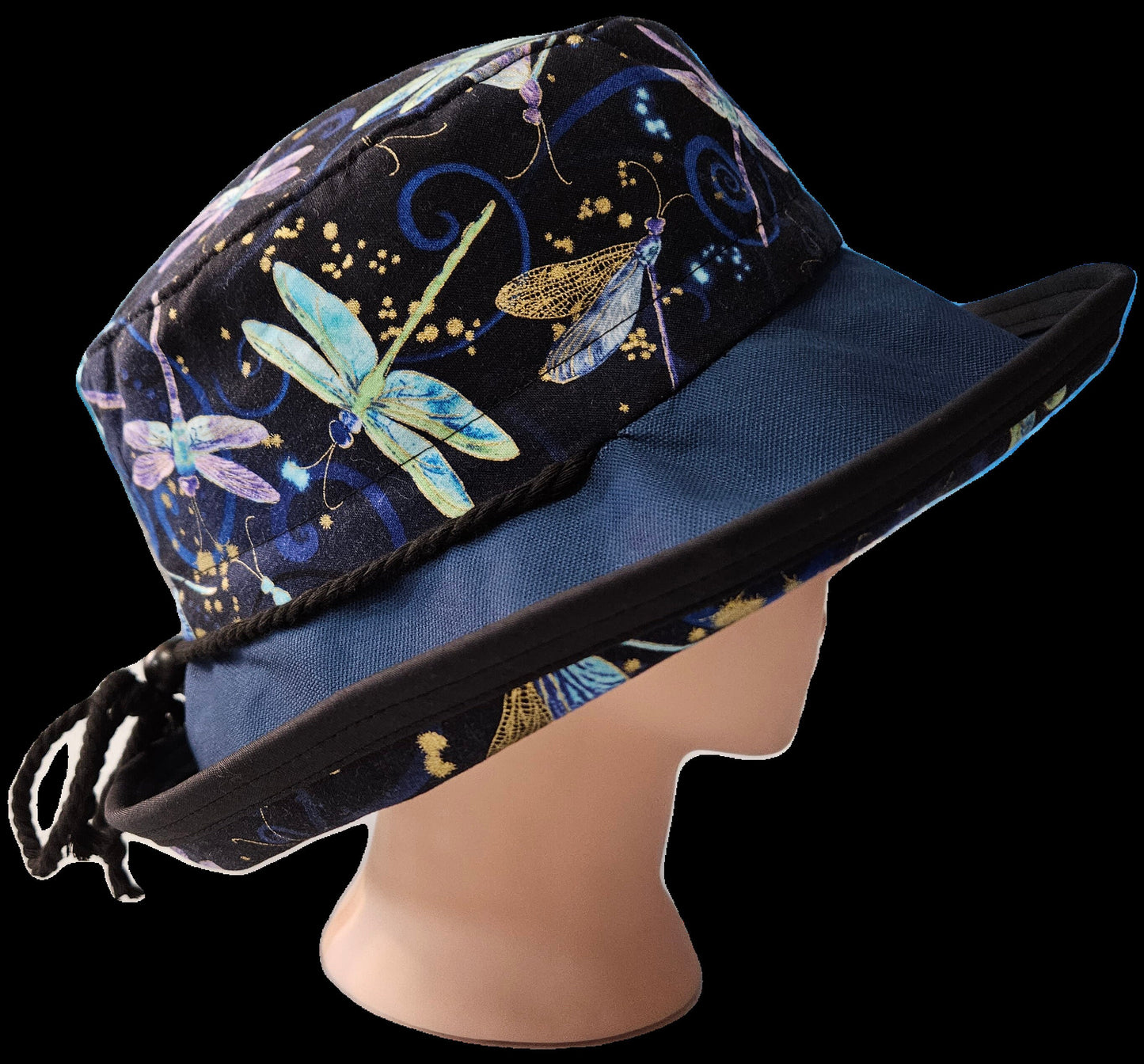 Large wide brim cotton sun hat featuring dragonfly print, Sunblocker Hat, Summer Hat, Holiday Hat, Vacation Hat, Handmade Hat, One of a Kind