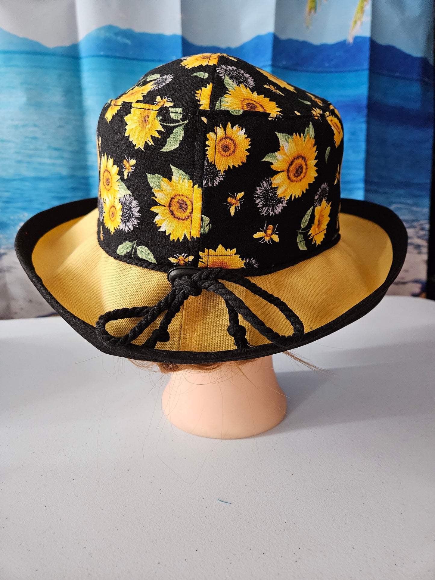 Sunflower Print Large wide brim cotton summer hat