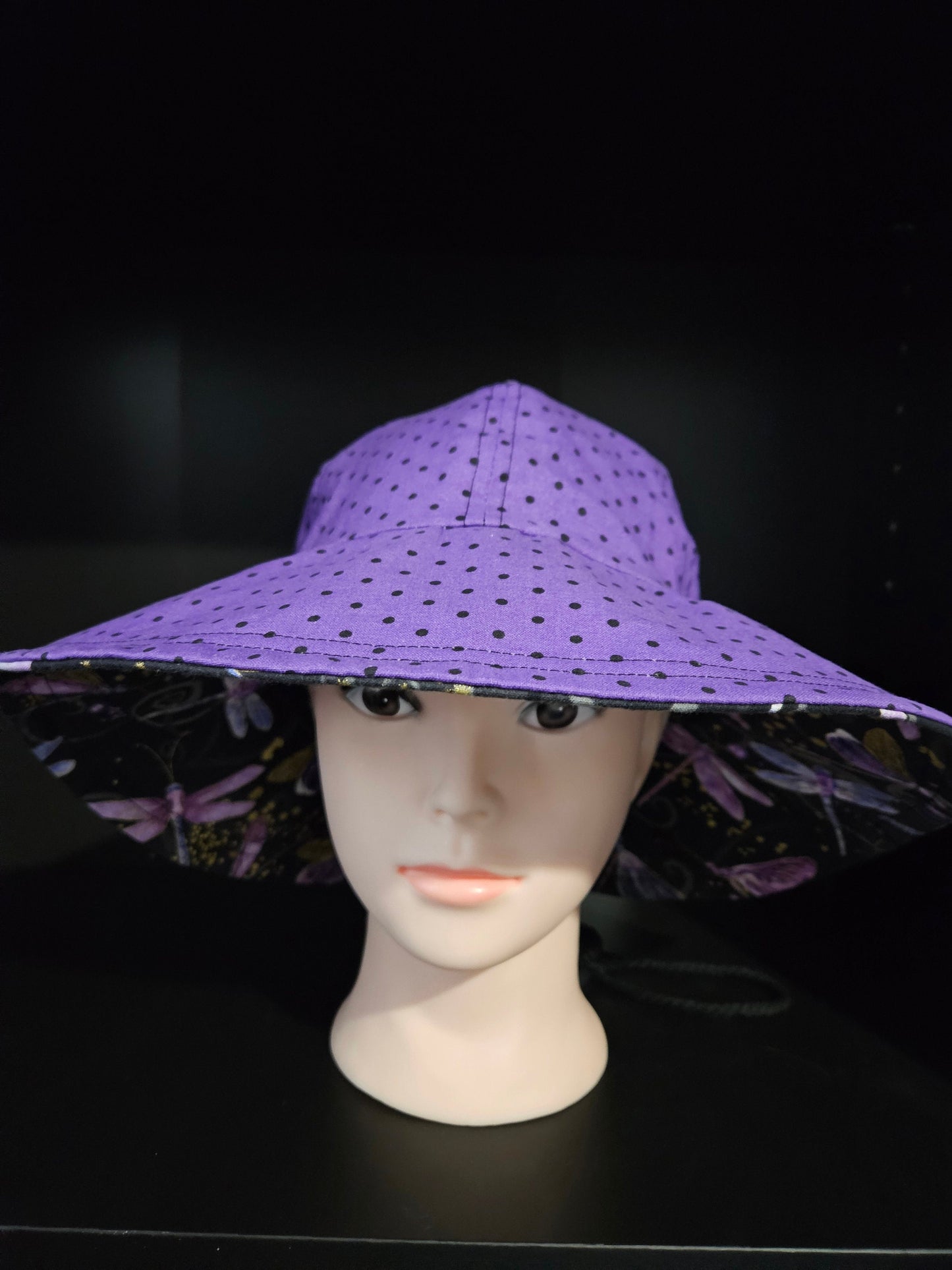 Dragonfly Print Reversible Black Polka Dots on Purple Background Sun Hat, Wide Brim Cotton Summer Hat, Summer Floppy Hat, Reversible Hat