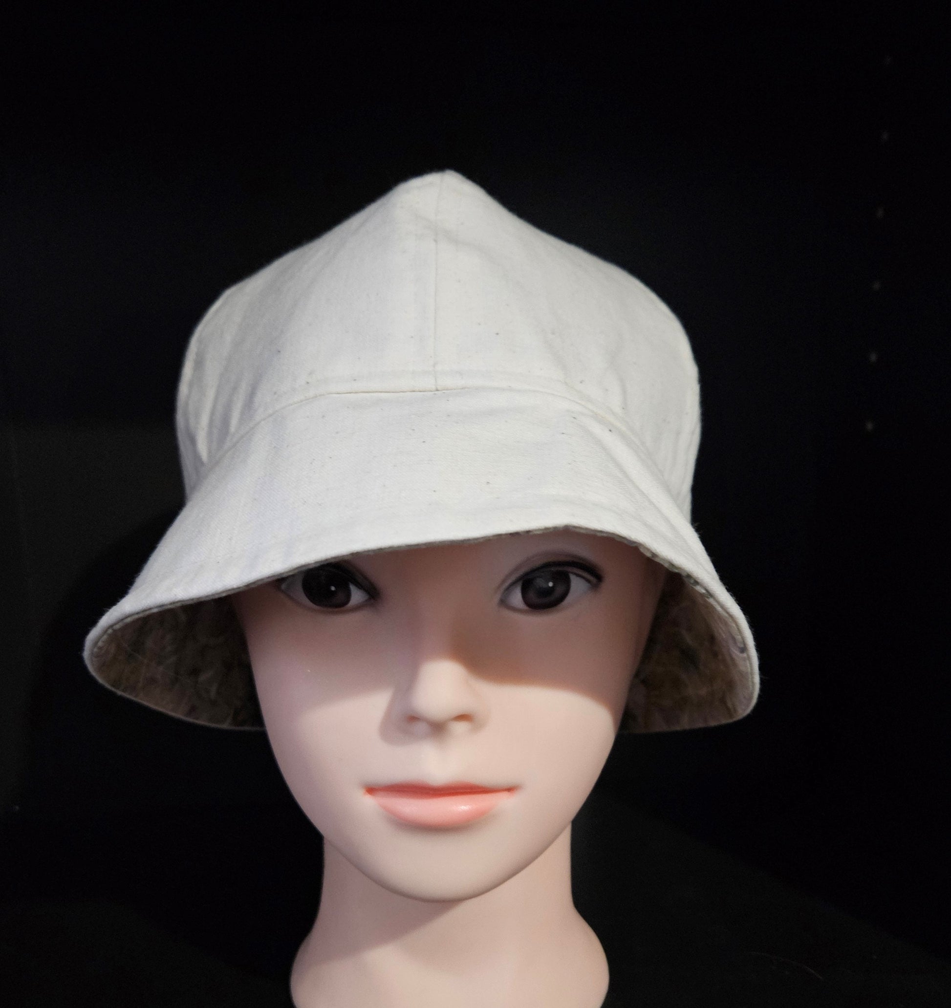 Linen Fashion Cloche with Cream Linen and Cream/Green Batik Lining Reversible Summer Hat