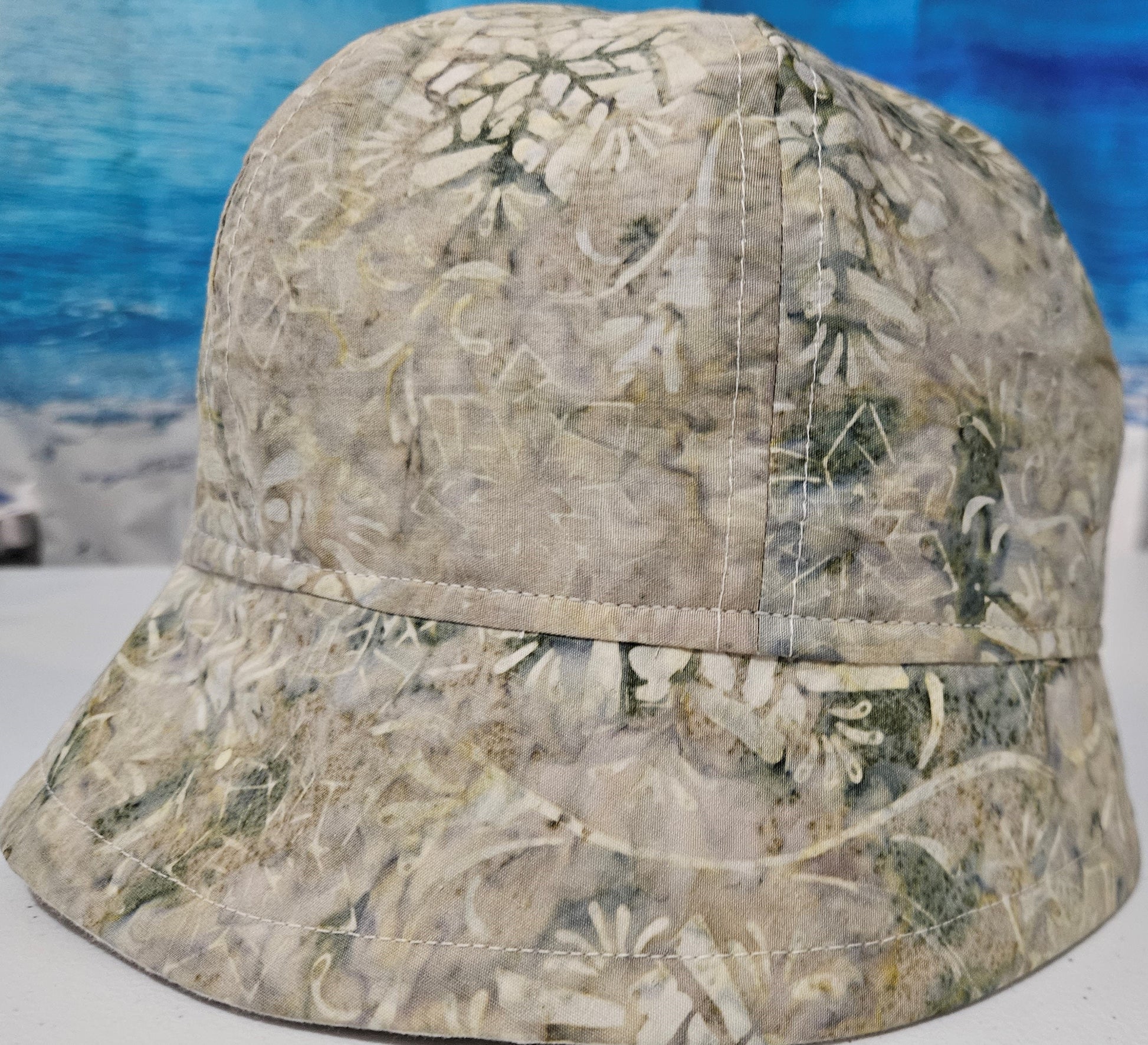 Linen Fashion Cloche with Cream Linen and Cream/Green Batik Lining Reversible Summer Hat