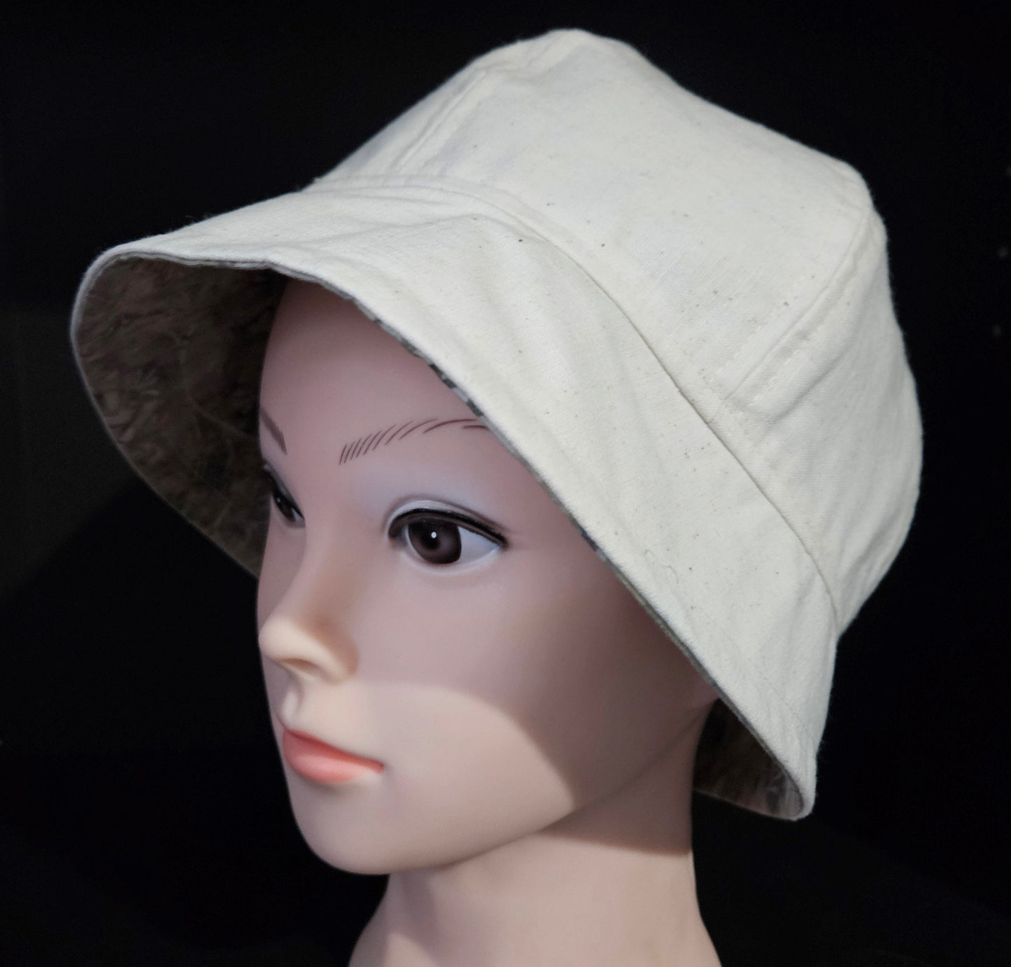 Linen Fashion Cloche with Cream Linen and Cream/Green Batik Lining Reversible Summer Hat