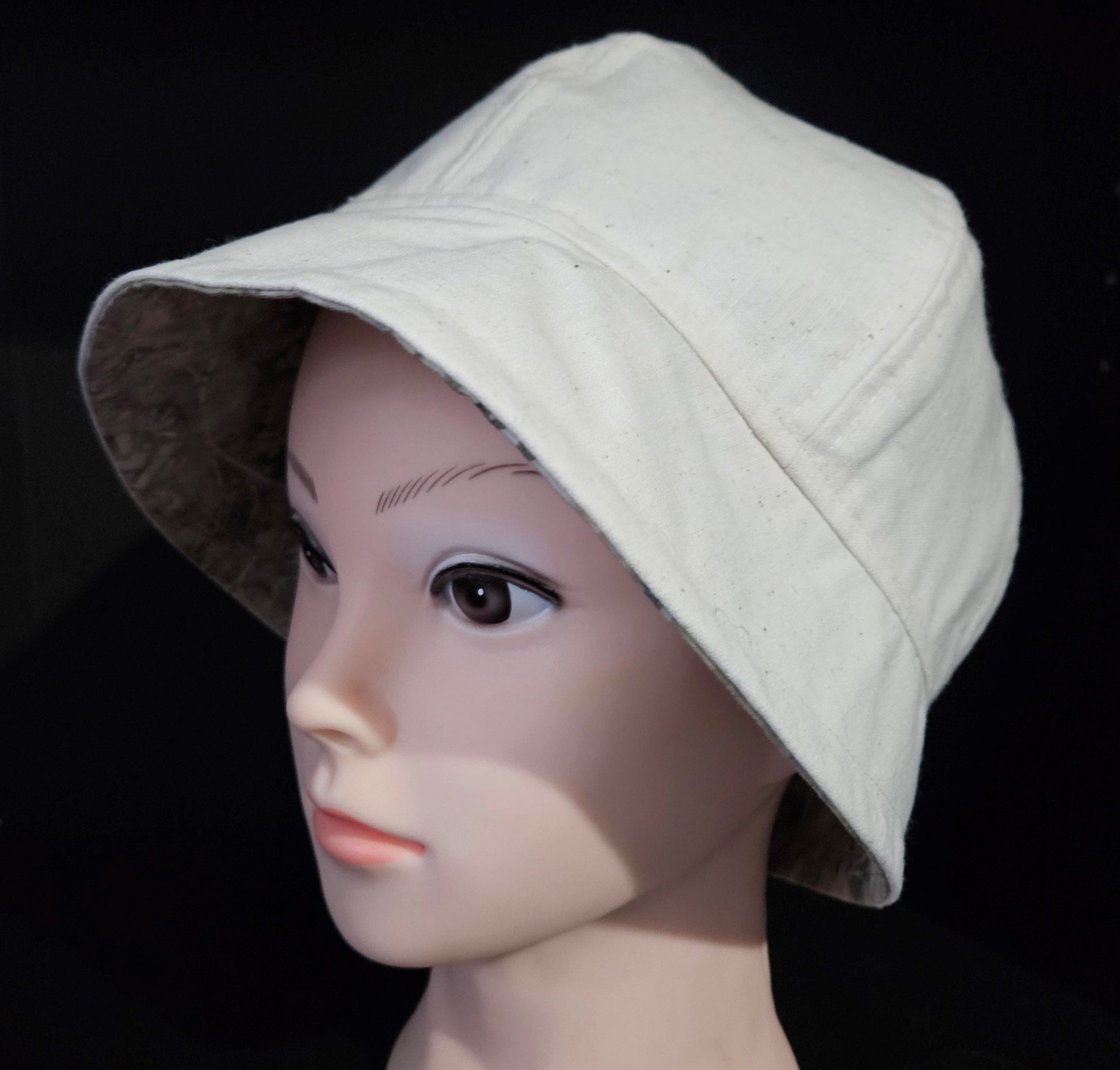 Linen Fashion Cloche with Cream Linen and Cream/Green Batik Lining Reversible Summer Hat