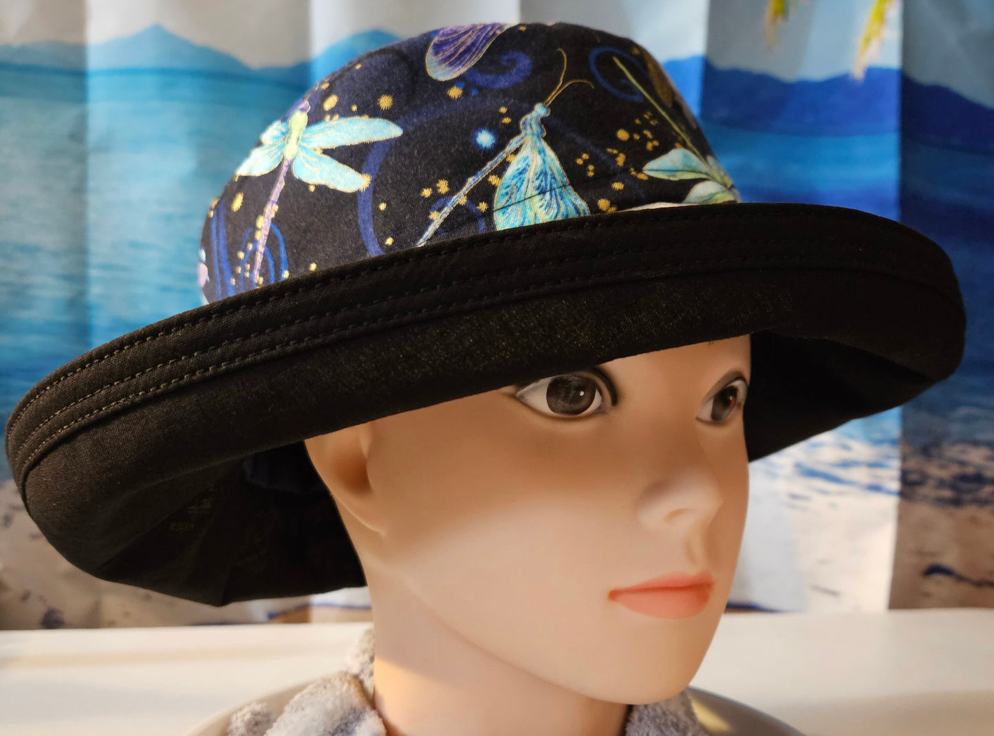 Large wide brim cotton sun hat featuring dragonfly print, Sunblocker Hat, Summer Hat, Holiday Hat, Vacation Hat, Handmade Hat