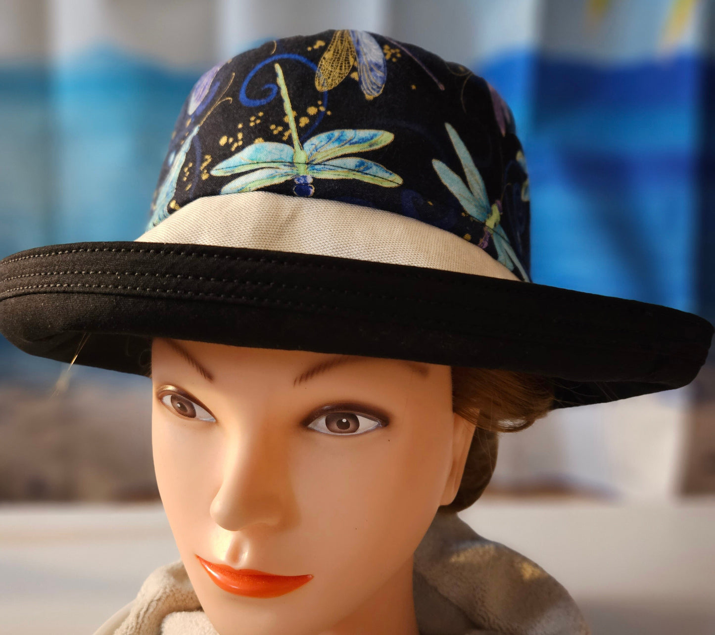 Large wide brim cotton sun hat featuring dragonfly print, Sunblocker Hat, Summer Hat, Holiday Hat, Vacation Hat, Handmade Hat
