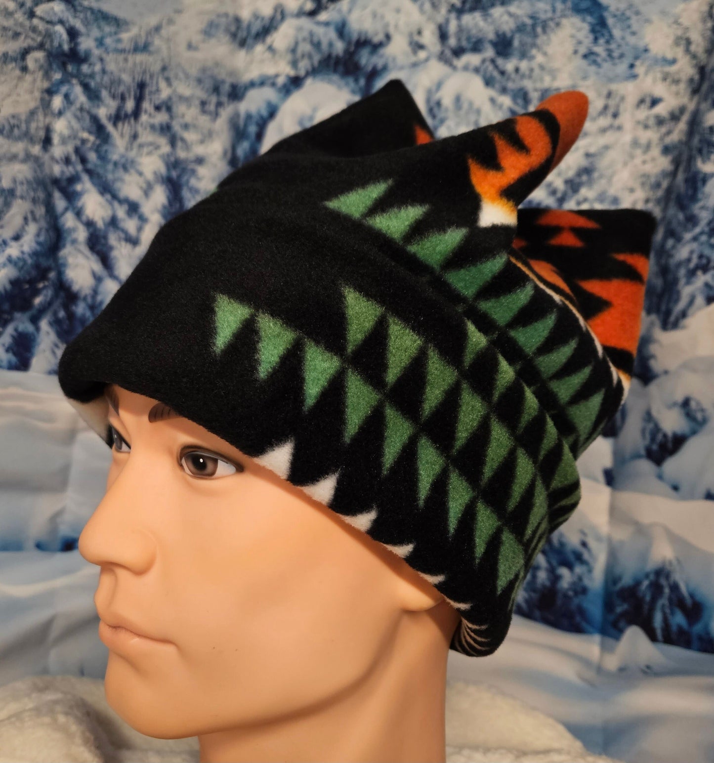 Orange and Green Southwest Print 4 Point Fleece Winter Retro Hat