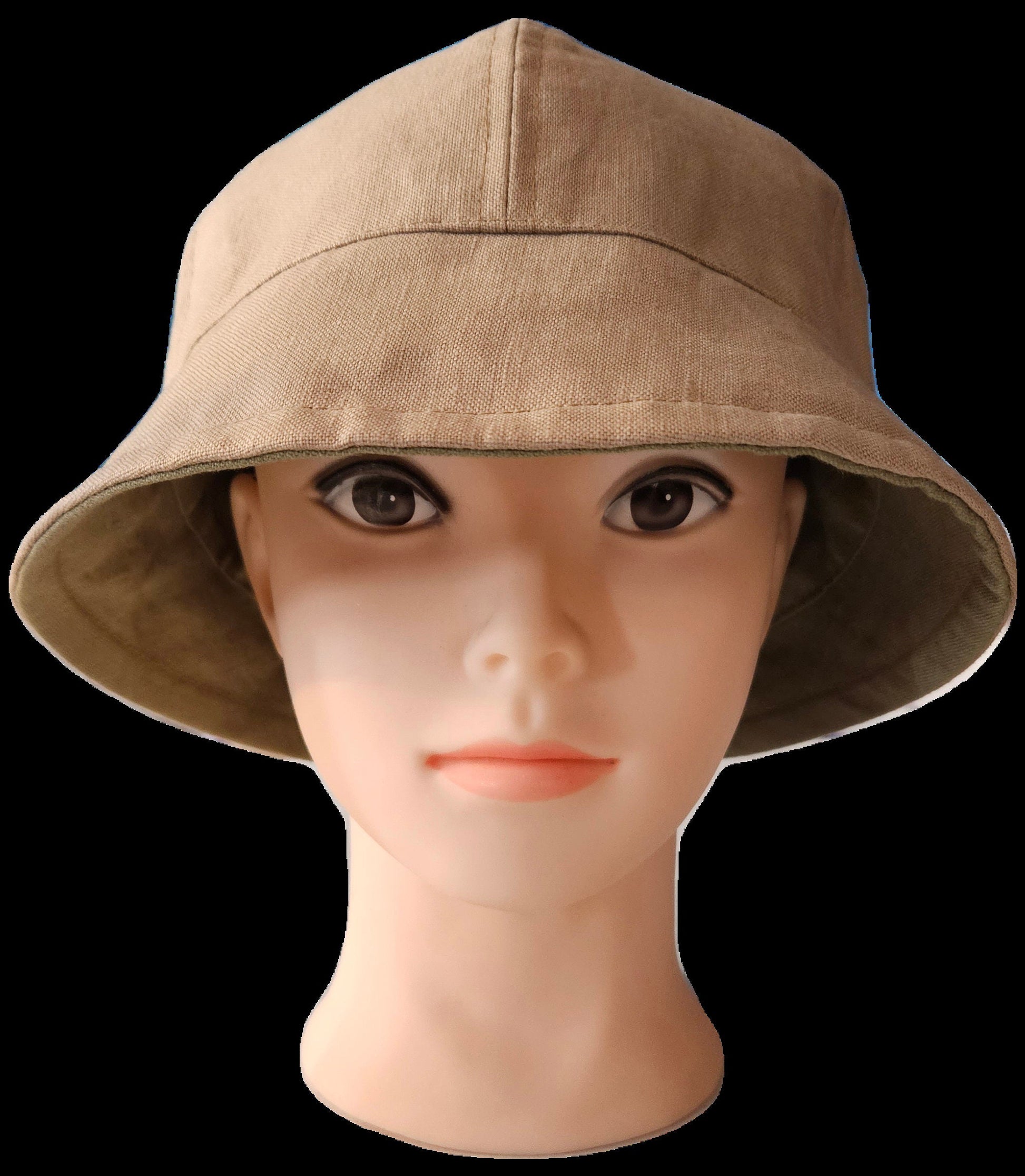 Linen Fashion Cloche with Tan Linen and Olive Green Linen Reversible Summer Hat