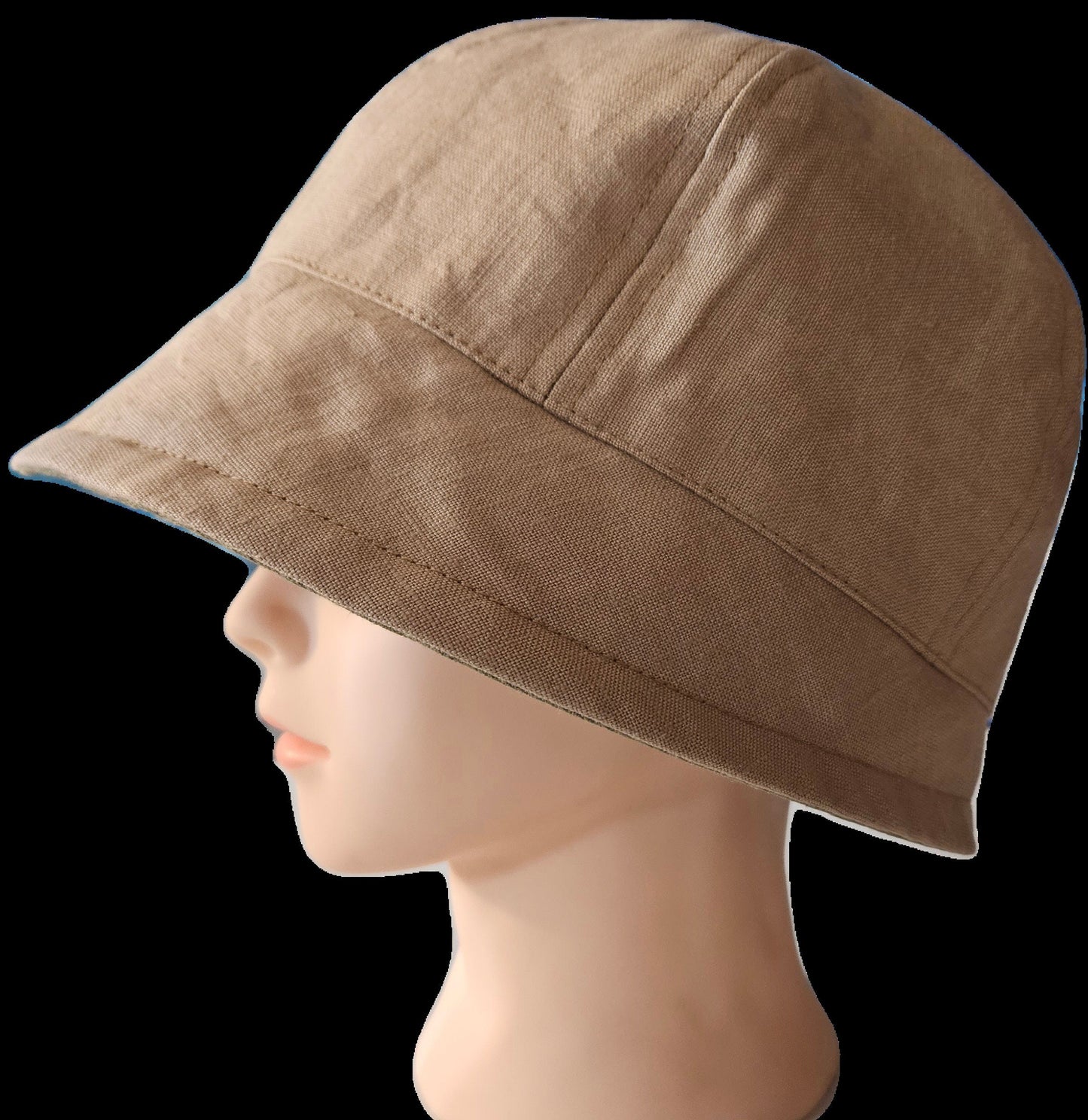 Linen Fashion Cloche with Tan Linen and Olive Green Linen Reversible Summer Hat