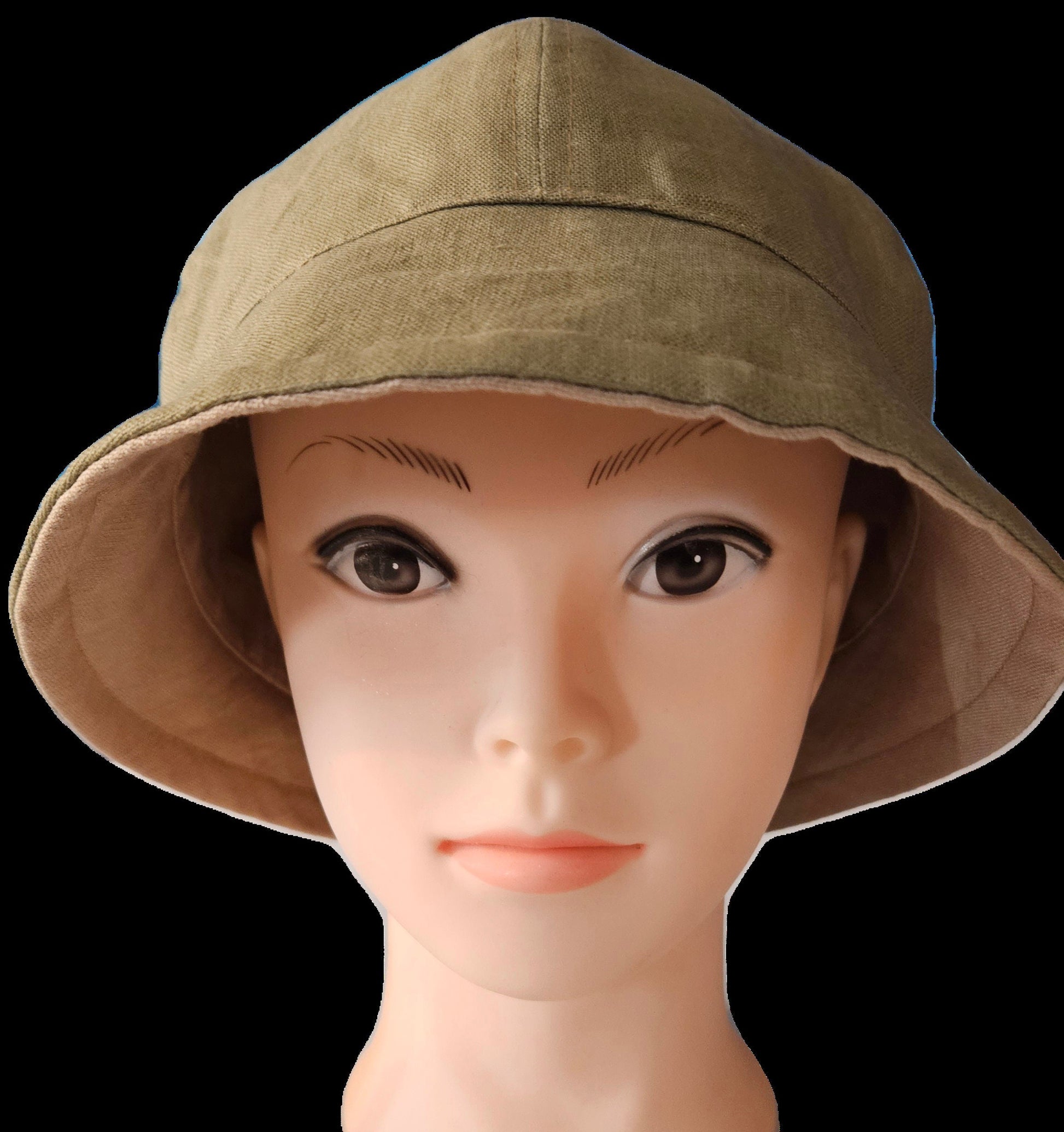 Linen Fashion Cloche with Tan Linen and Olive Green Linen Reversible Summer Hat