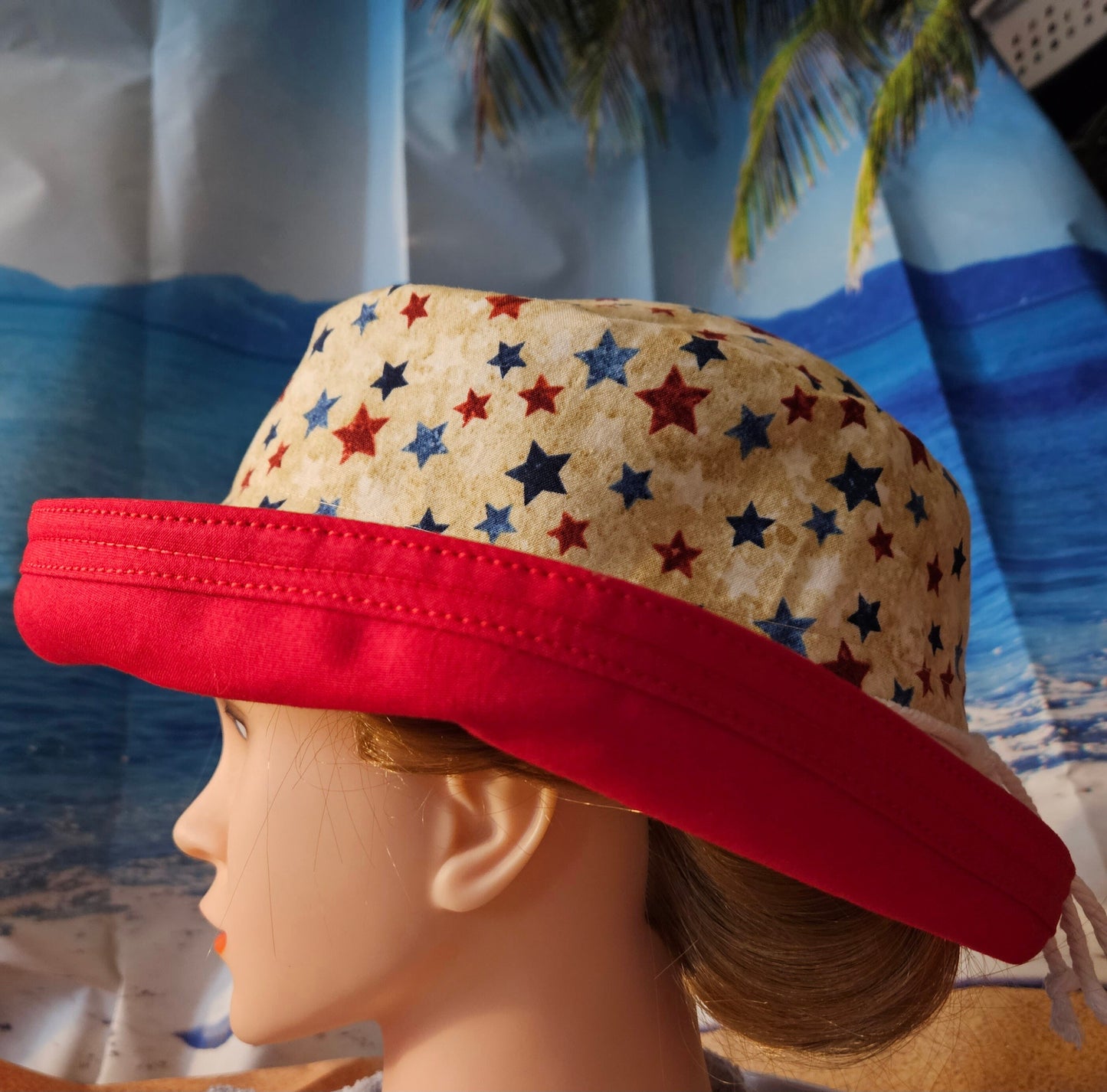 Large wide brim cotton sun hat featuring Red and Blue Stars Print on Cream Background Sunblocker Hat, Summer Hat, Holiday Hat, Vacation Hat