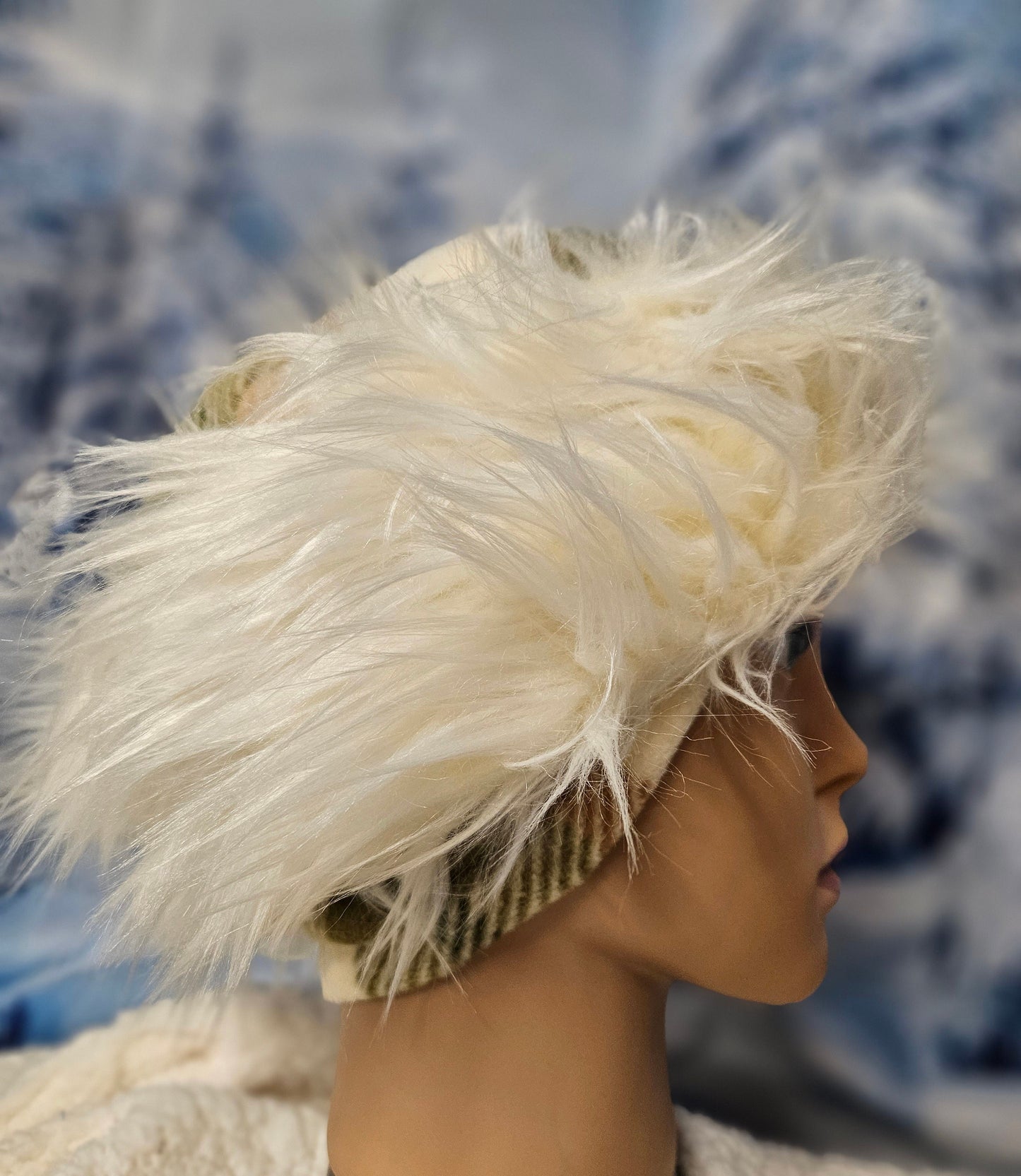 Cream FAUX FUR HAT, Pillbox Style Hat with Ear Flaps, Women's Winter Fur Hat, Fur Hat with Fleece Top and Lining