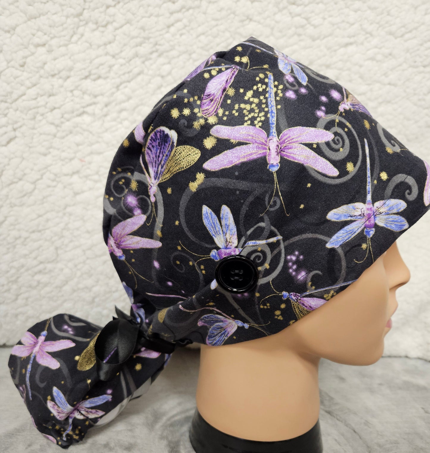 Ponytail Pouch Scrub Cap Black Background with Dragonfly Print Extra Volume Size