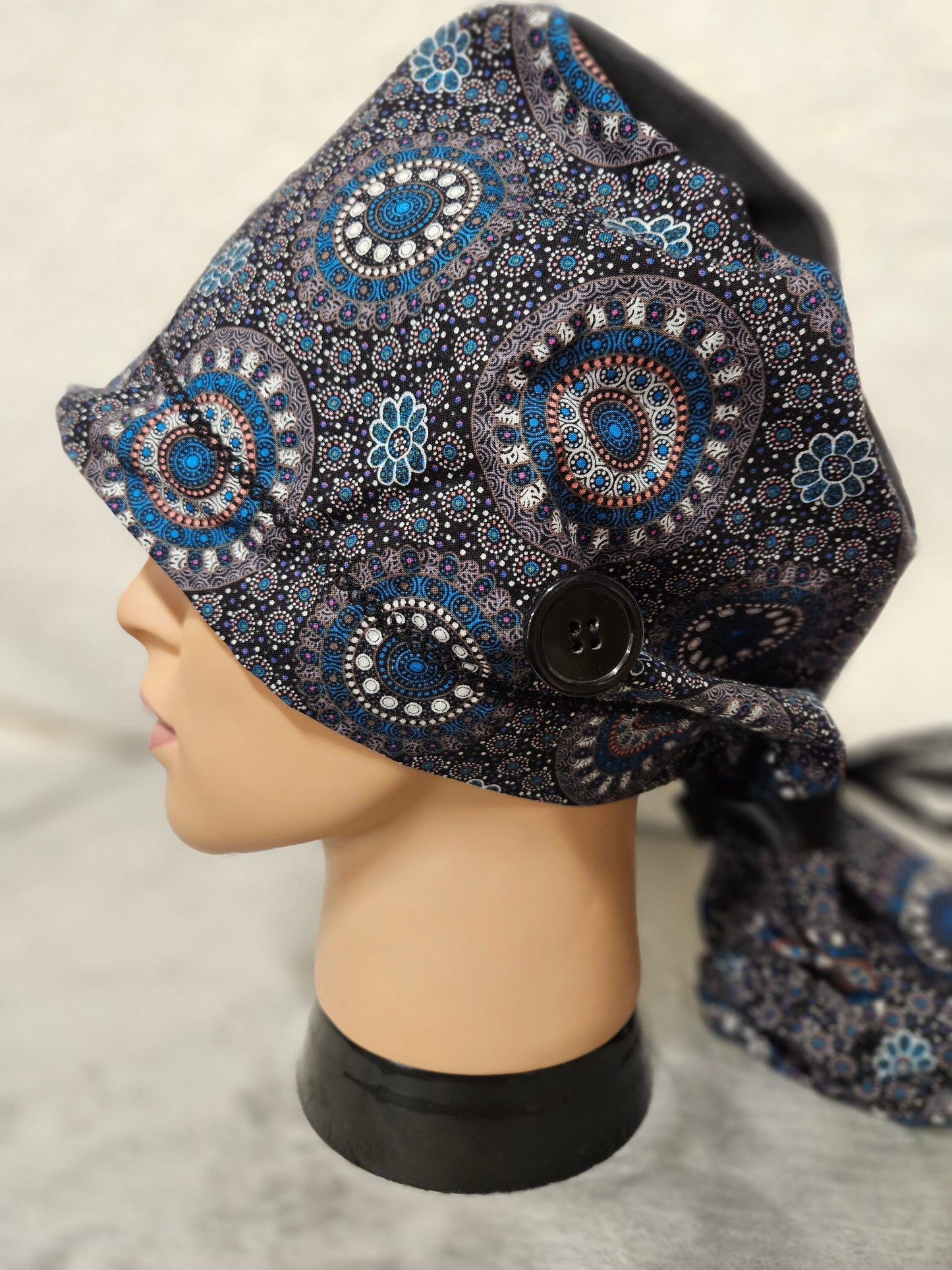 Black and Blue Medalions Print Ponytail Pouch Scrub Cap Extra Volume Size