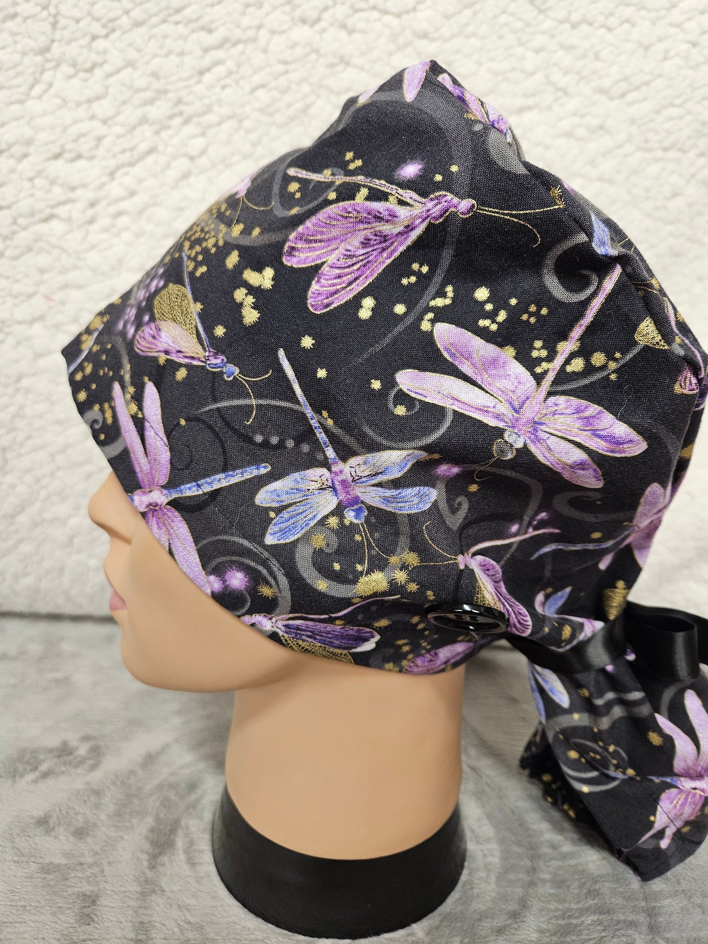 Ponytail Pouch Scrub Cap Black Background with Dragonfly Print Extra Volume Size
